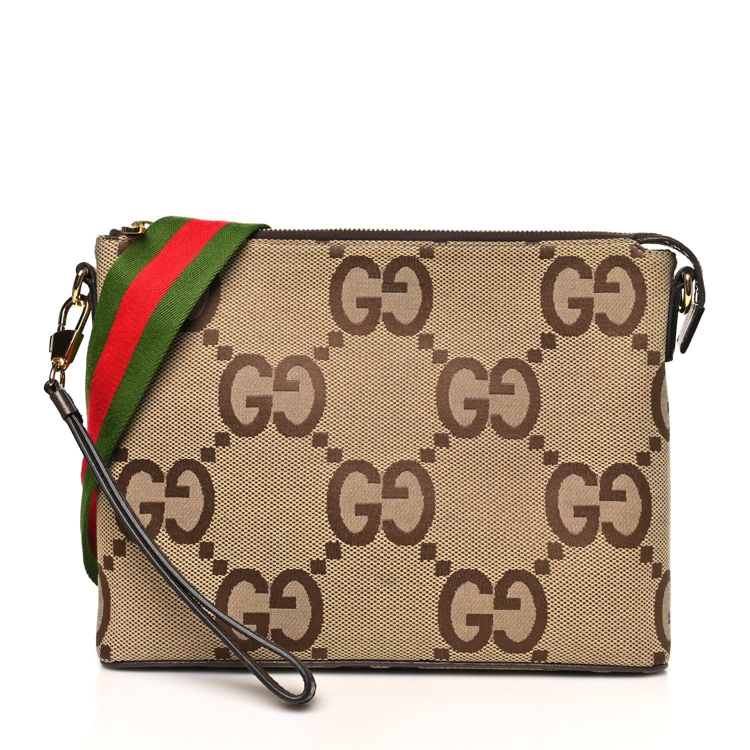 Monogram Jumbo GG Textured Dollar Calfskin Web Wristlet Messenger Bag Camel Ebony New Acero