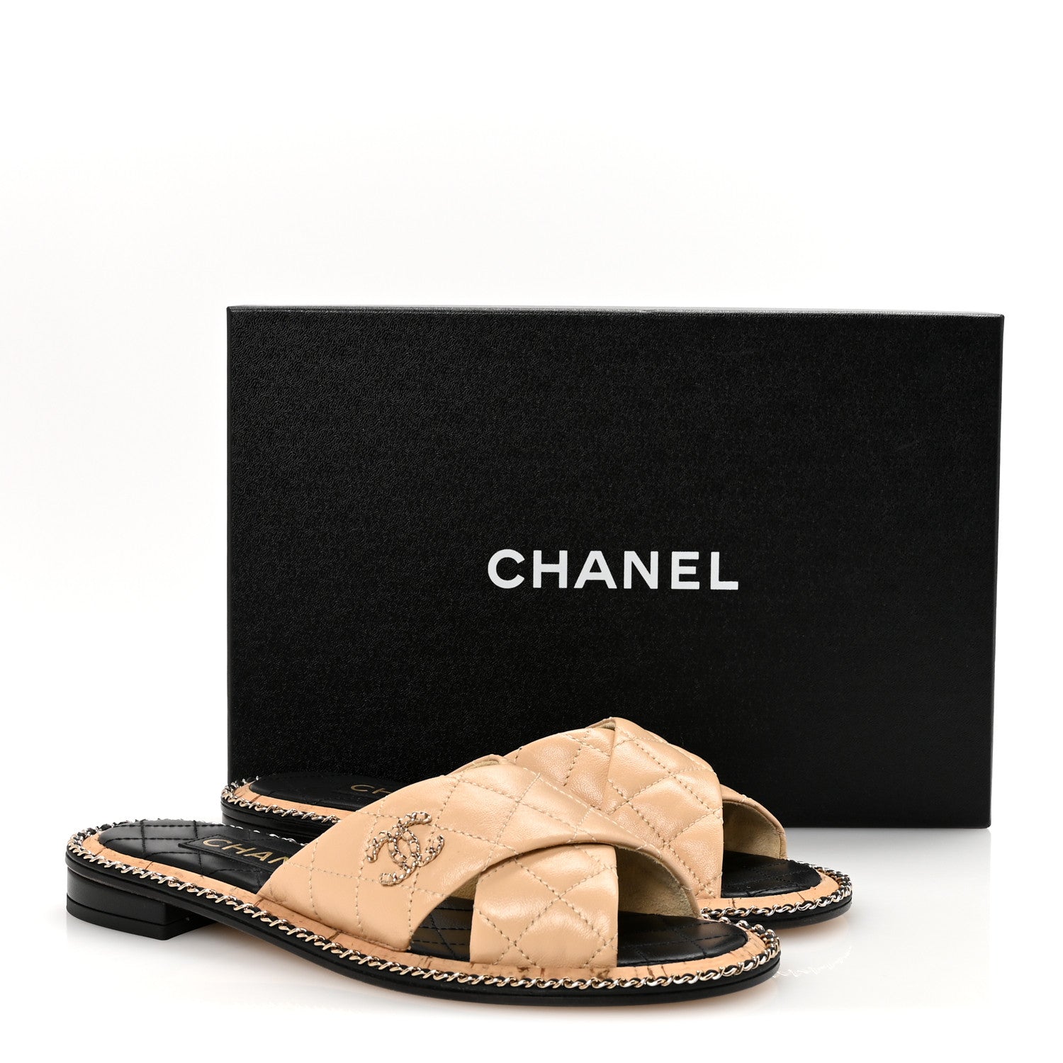 Shiny Lambskin Quilted Metal Chain CC Sandals 36.5 Beige