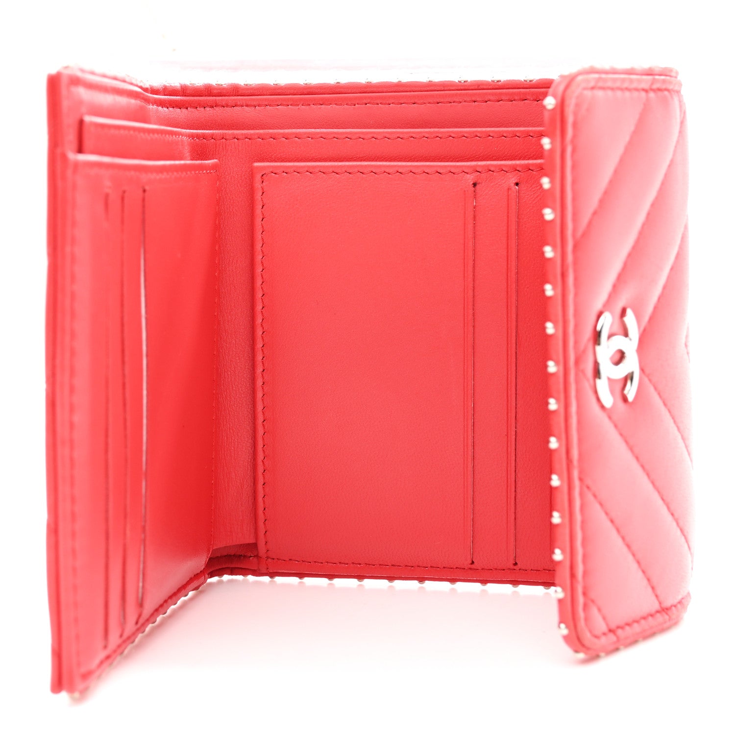 Lambskin Chevron Quilted Studded Compact Flap Wallet Red