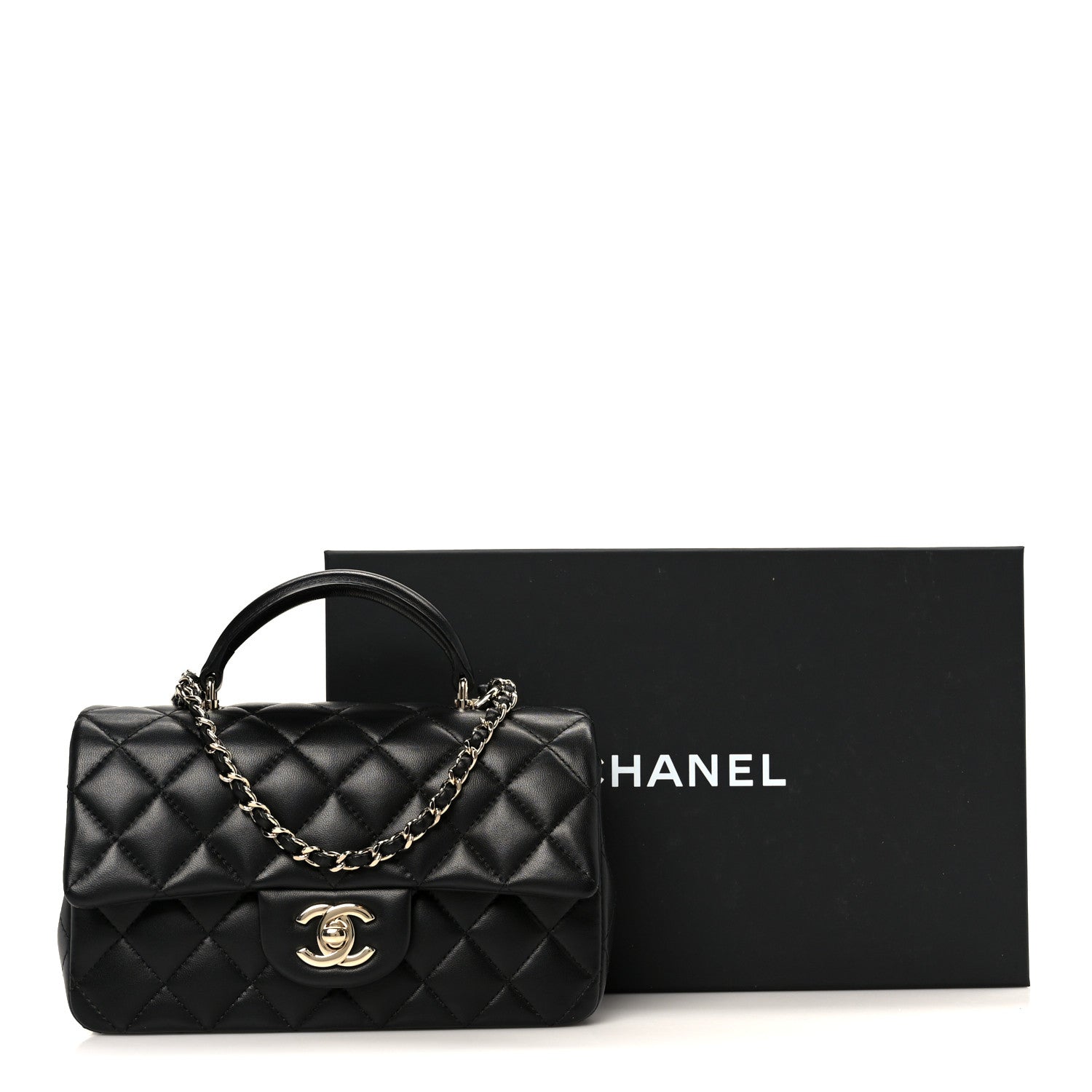 Lambskin Quilted Mini Top Handle Rectangular Flap Black
