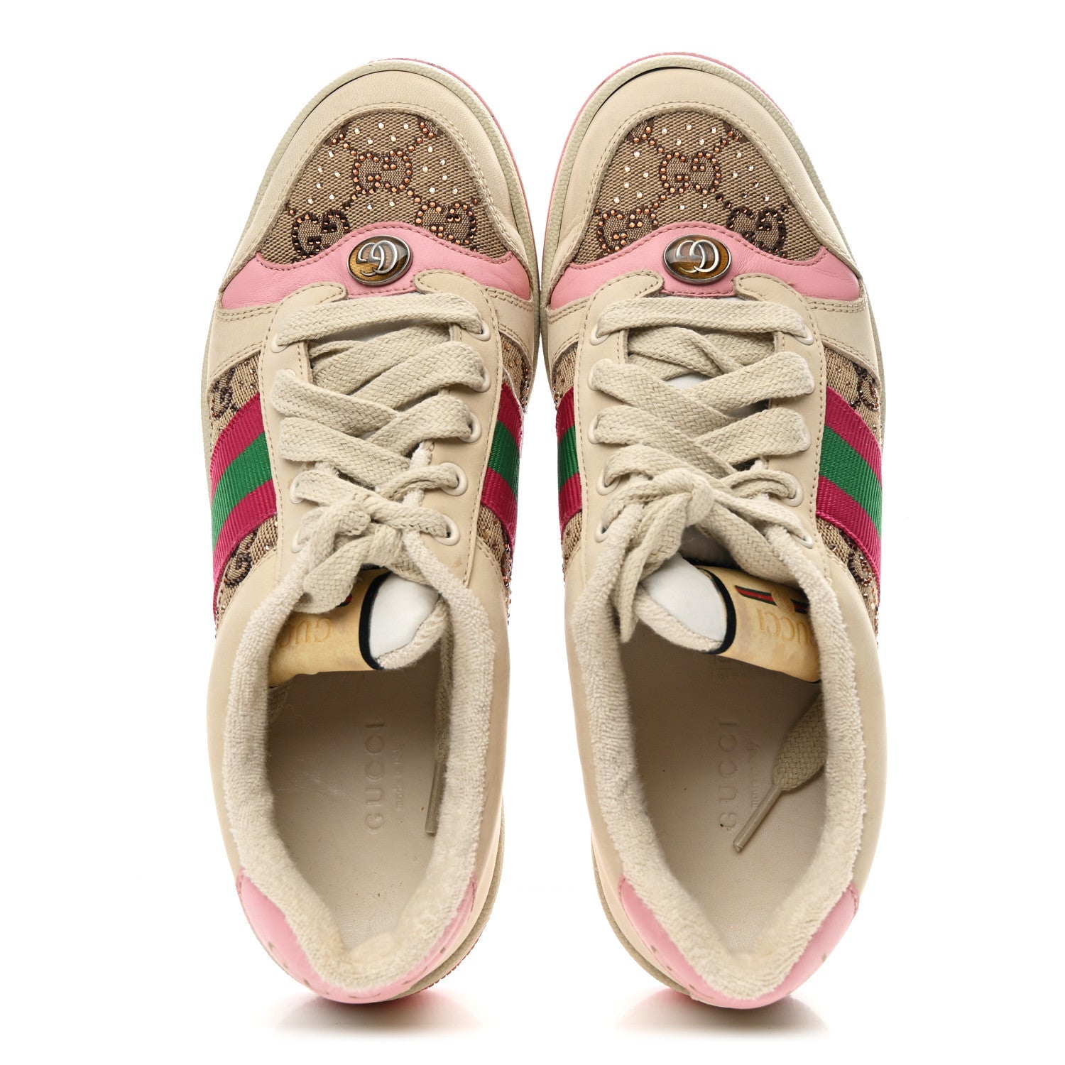 Calfskin GG Supreme Crystals Web Screener Sneakers 38 Camel Ebony Wild Rose