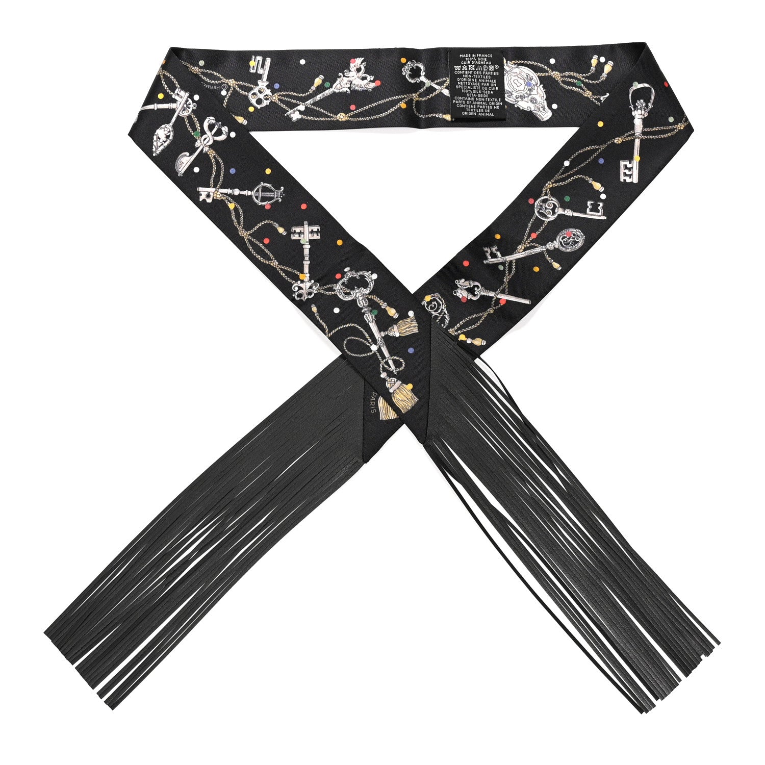Silk Calfskin Les Cles A Pois Fringed Twilly Black Mordore White