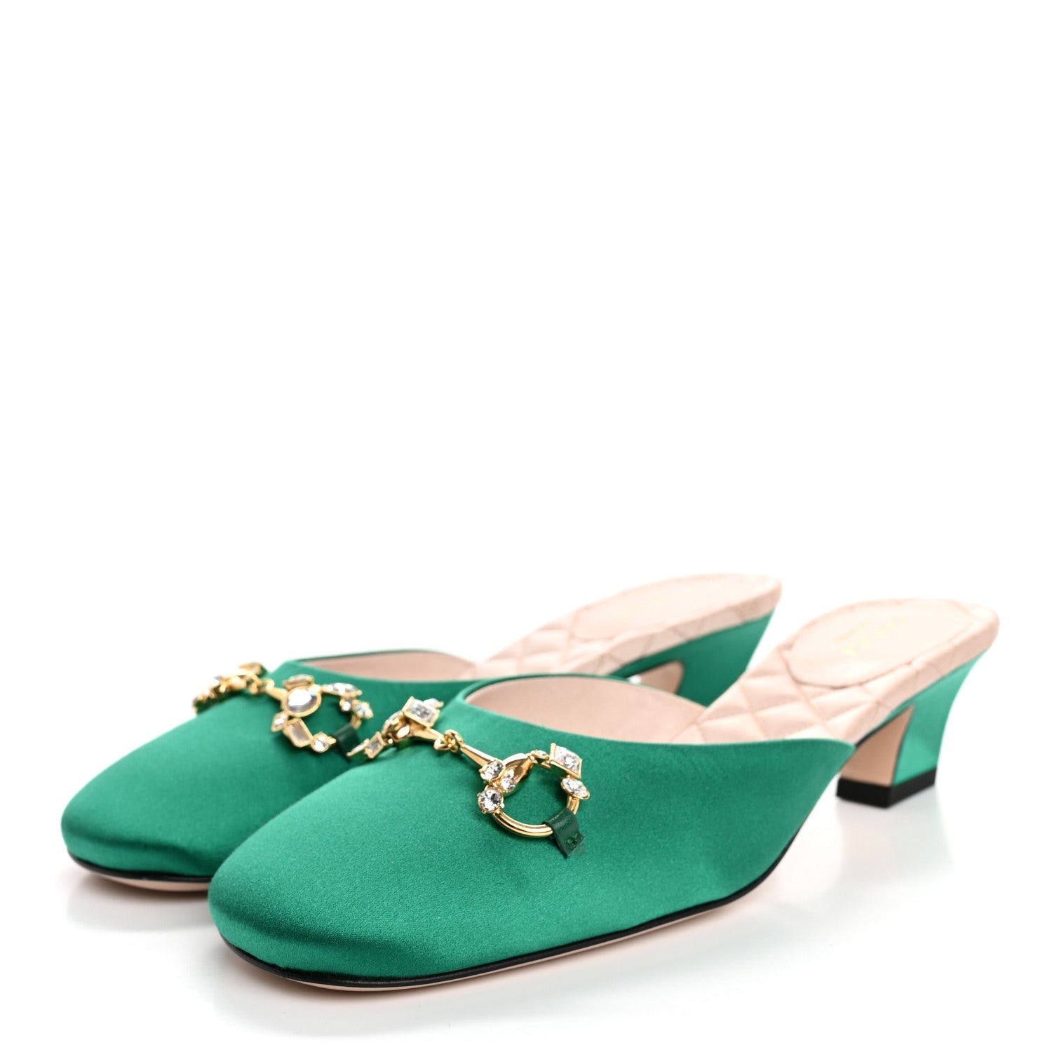 Silk Satin Crystal Embellished Horsebit Mules 36 Shamarock Emerald