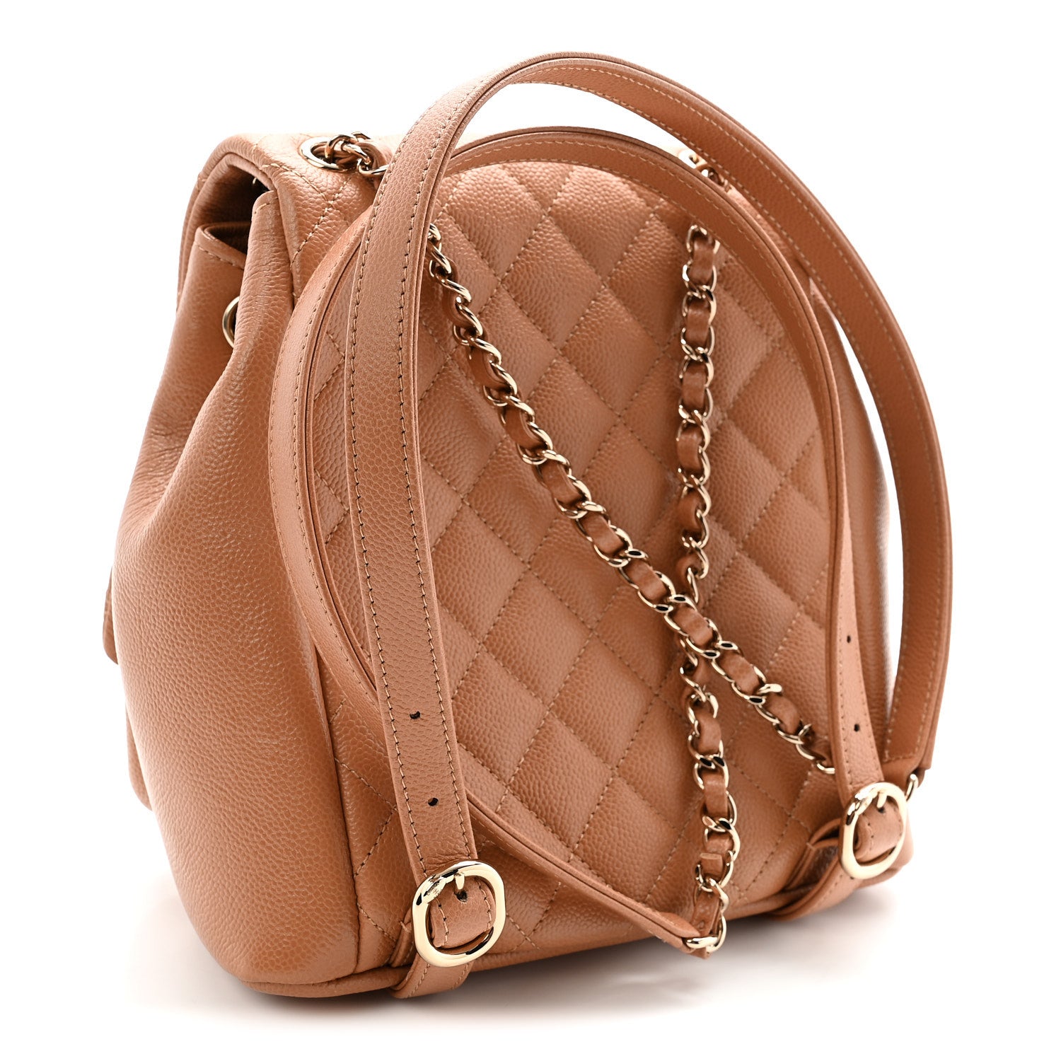 Shiny Caviar Quilted Medium Duma Pockets Drawstring Backpack Dark Beige