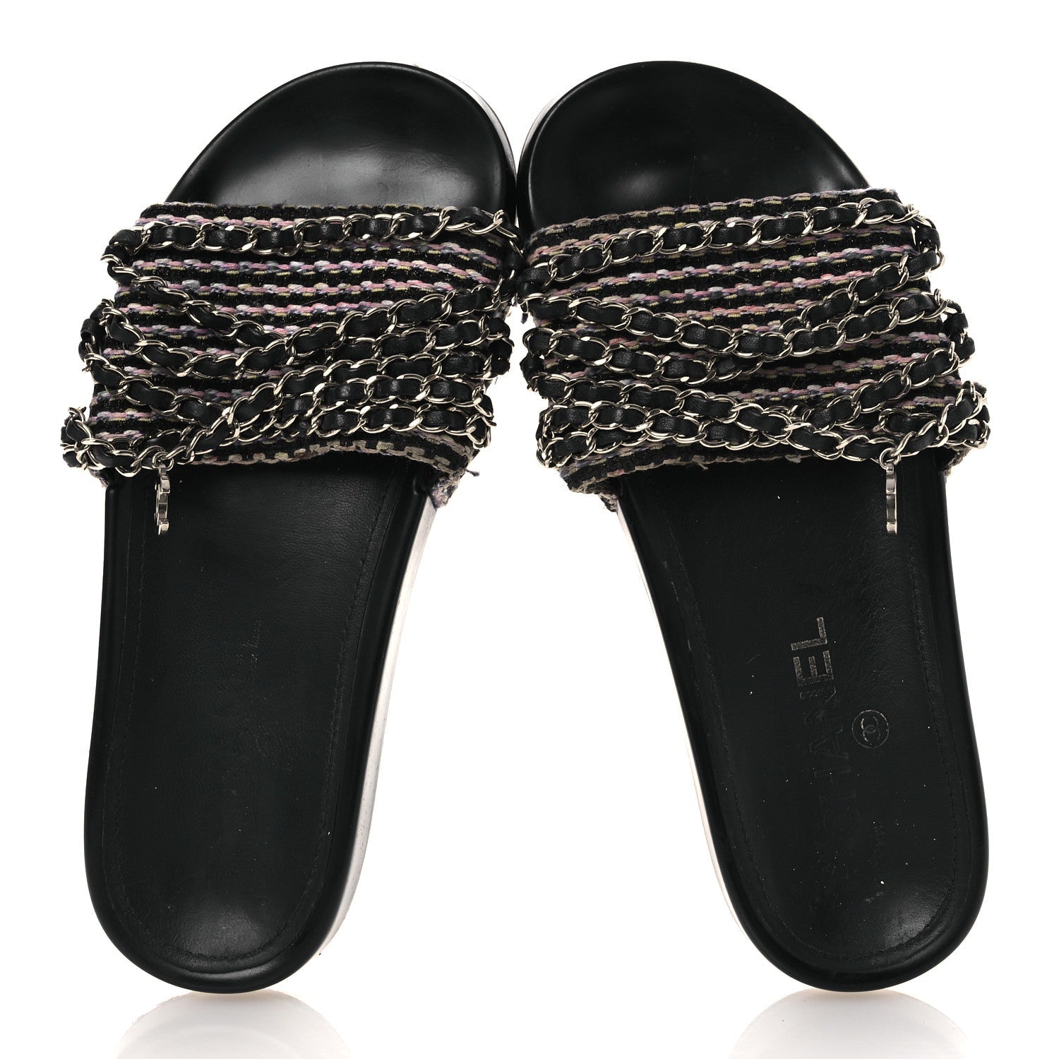 Tweed Lambskin Chain Flat Sandals 36 Black Multicolor