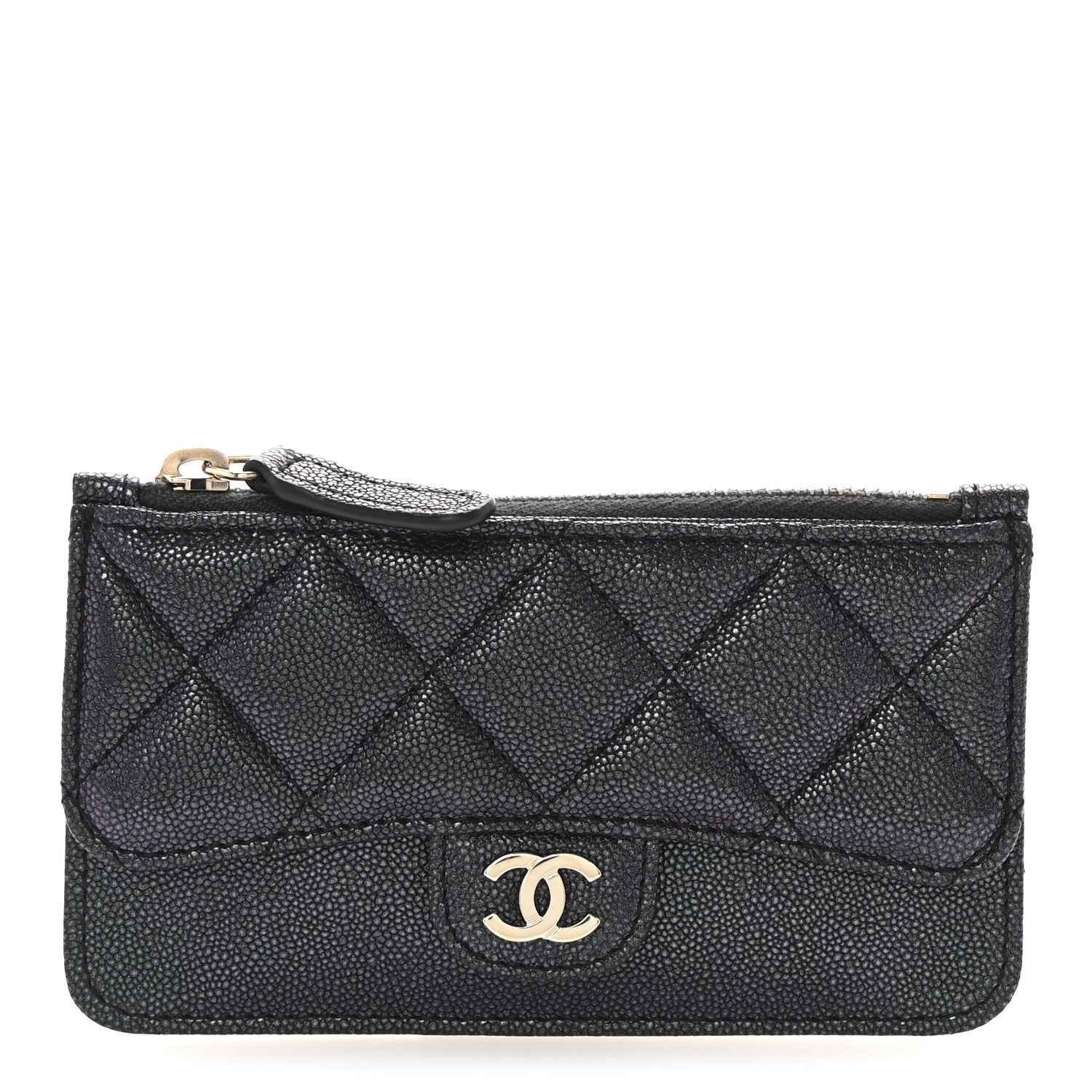 Iridescent Caviar Quilted Flap Zip Card Holder Black