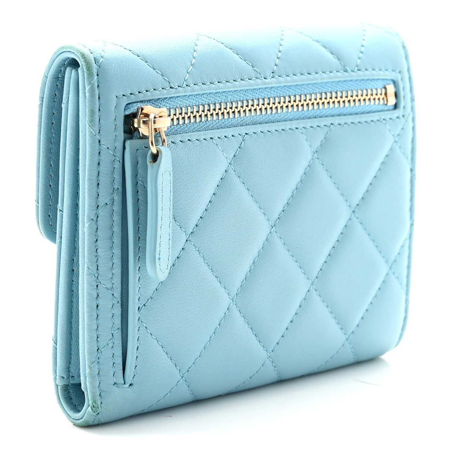 Lambskin Quilted Compact Flap Wallet Light Blue