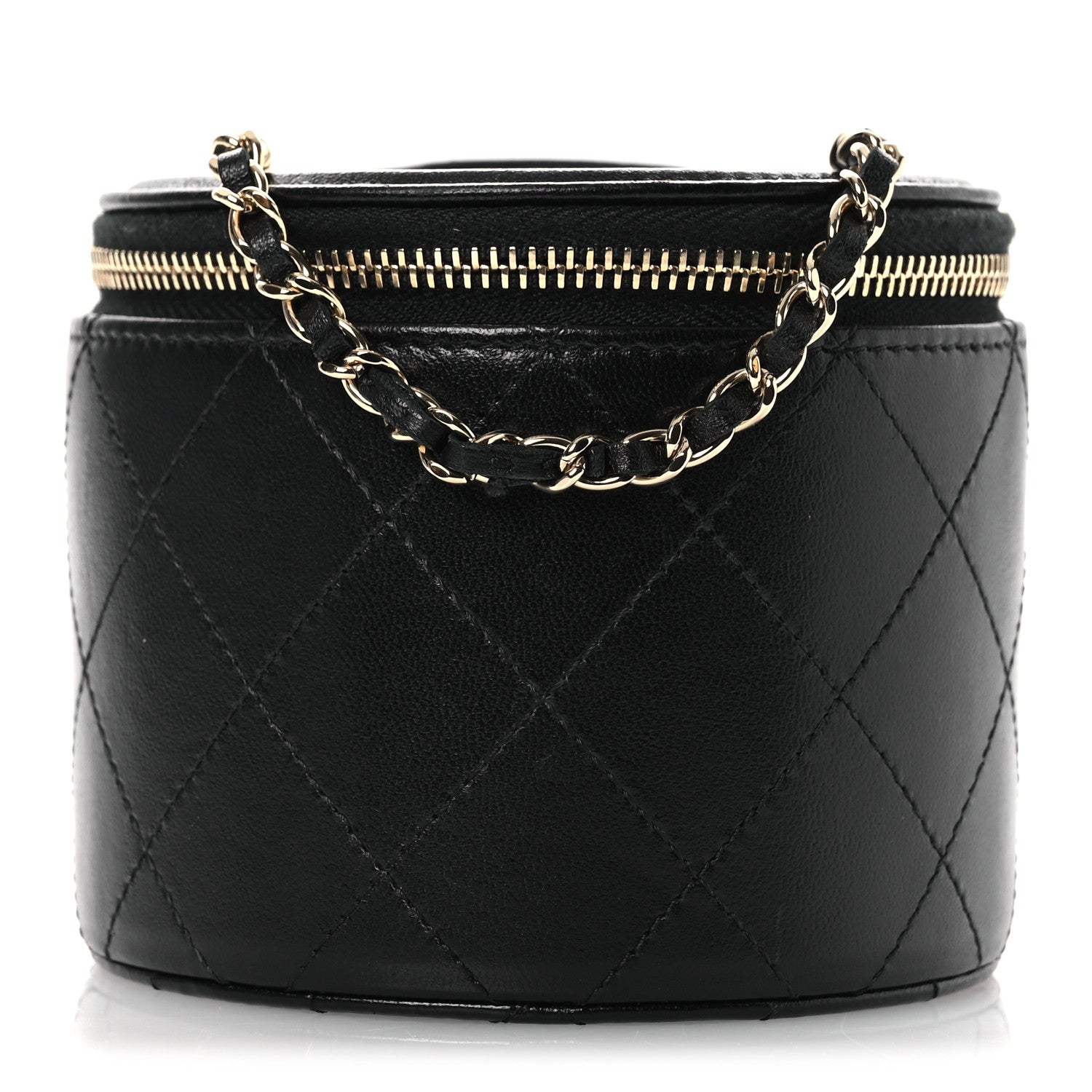 Lambskin Quilted Round Small Vanity Case With Chain Black
