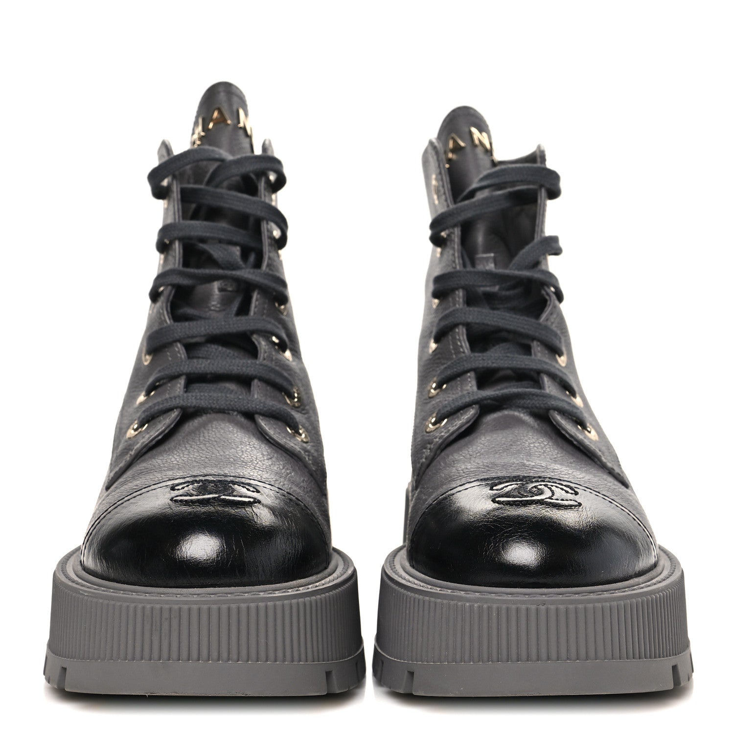 Grained Calfskin Shiny Calfskin CC Lace Up Combat Boots 39.5 Grey