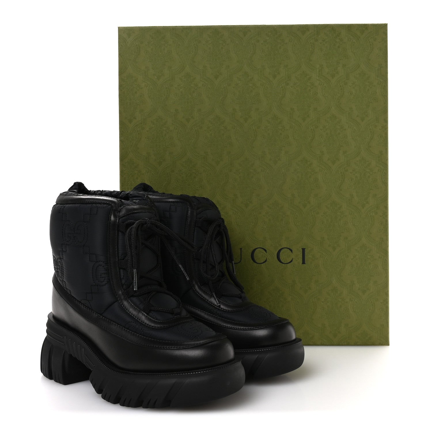 Nylon Calfskin GG Matelasse Lace Up Platform Ankle Boots 37 Black