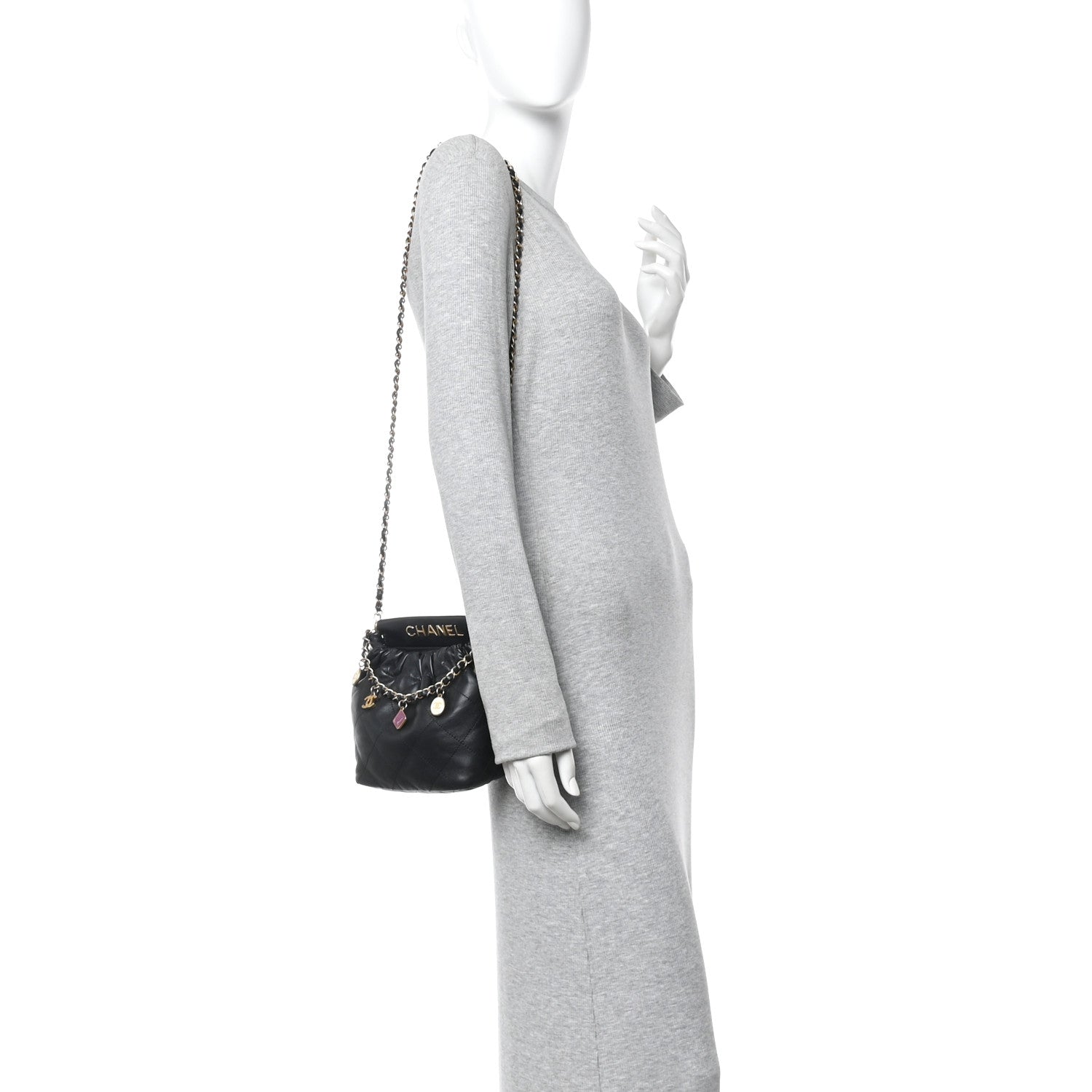 Lambskin Resin Quilted Small Bucket Bag Black