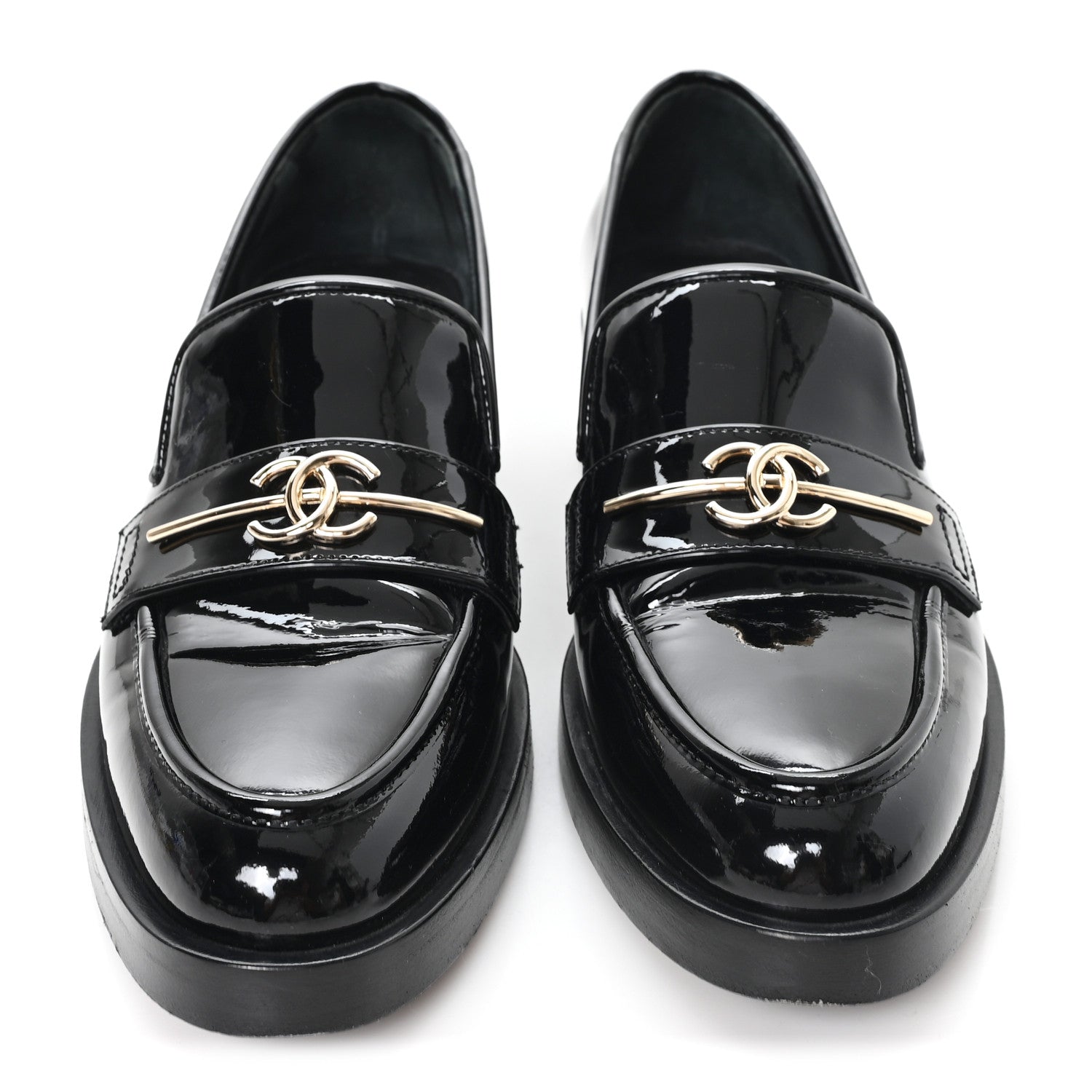 Patent Calfskin Metal CC Mocassin Loafers 38.5 Black