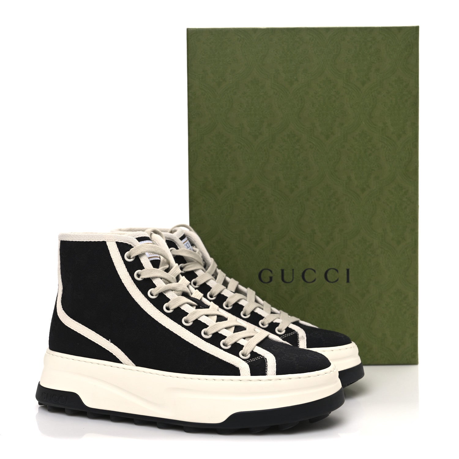 New Canvas GG Monogram Womens Tennis 1977 High Top 55mm Platform Sneakers 39.5 Black Mystic White