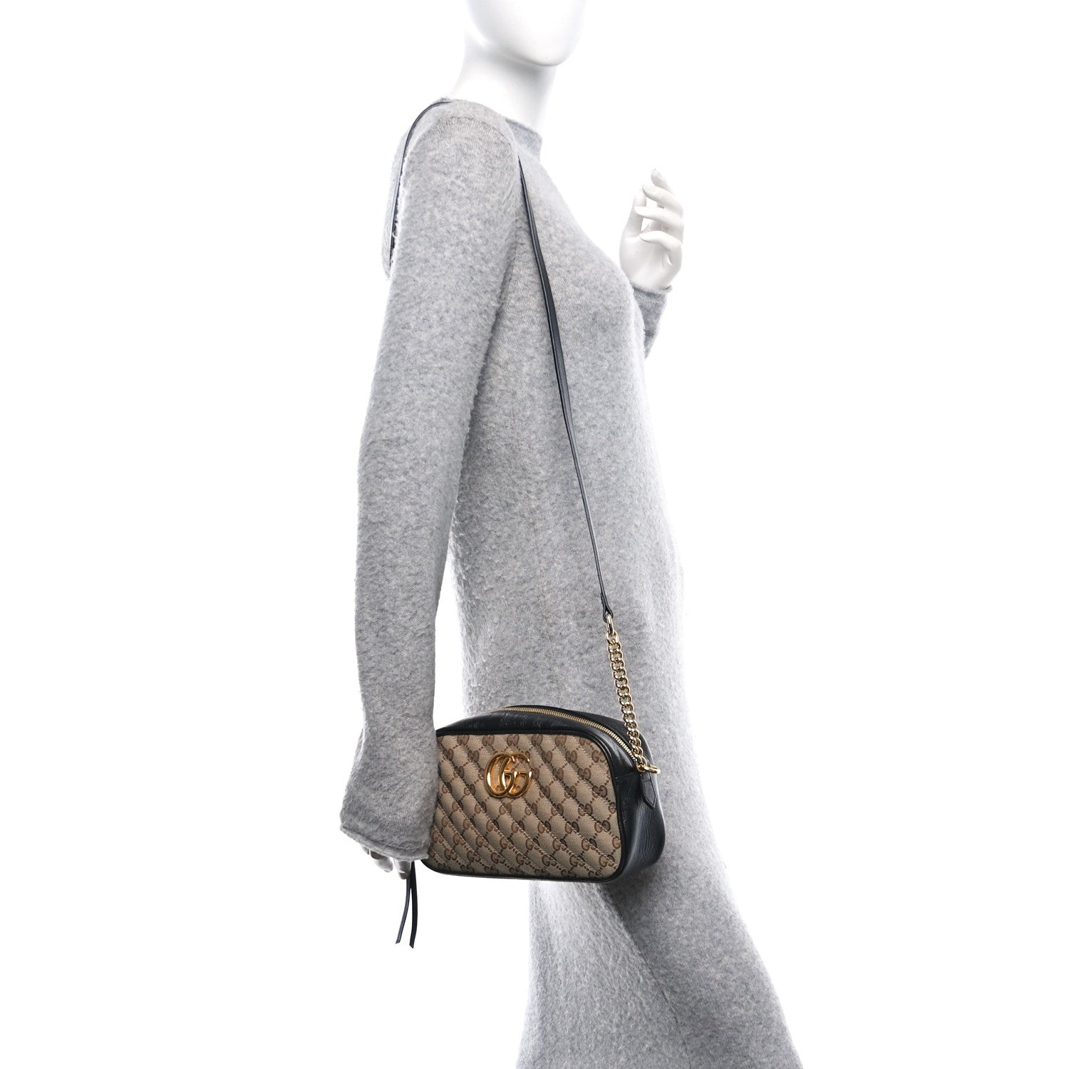 Monogram Matelasse Diagonal Small GG Marmont Chain Shoulder Bag Beige Black