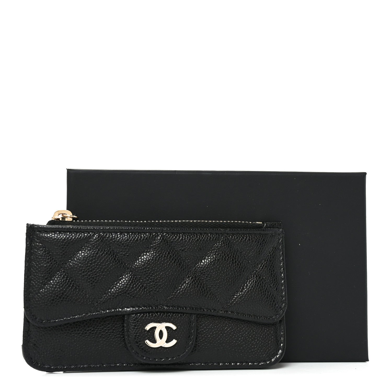 Caviar Quilted Flap Zip Card Holder Black