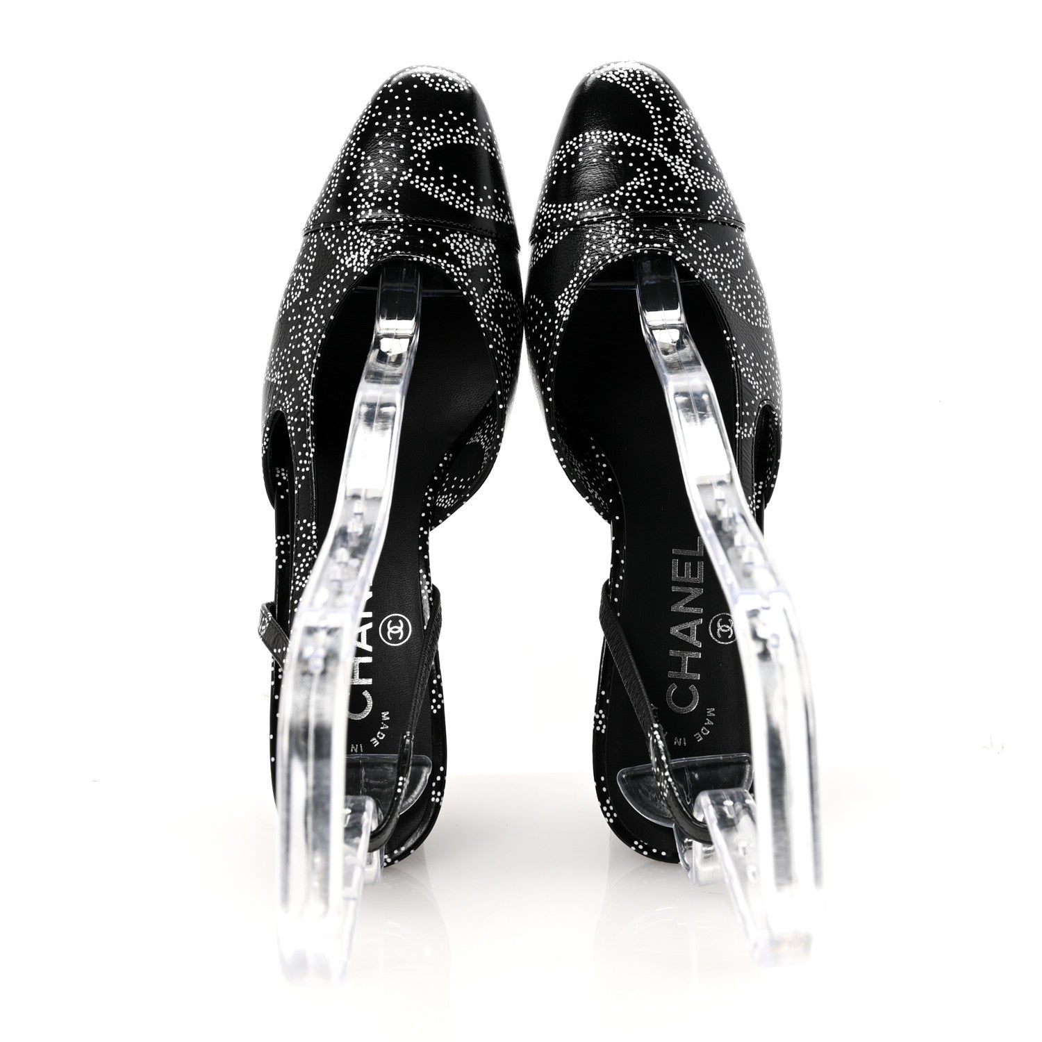 Calfskin Camellia Printed Cap Toe CC Slingback Pumps 37 Black White