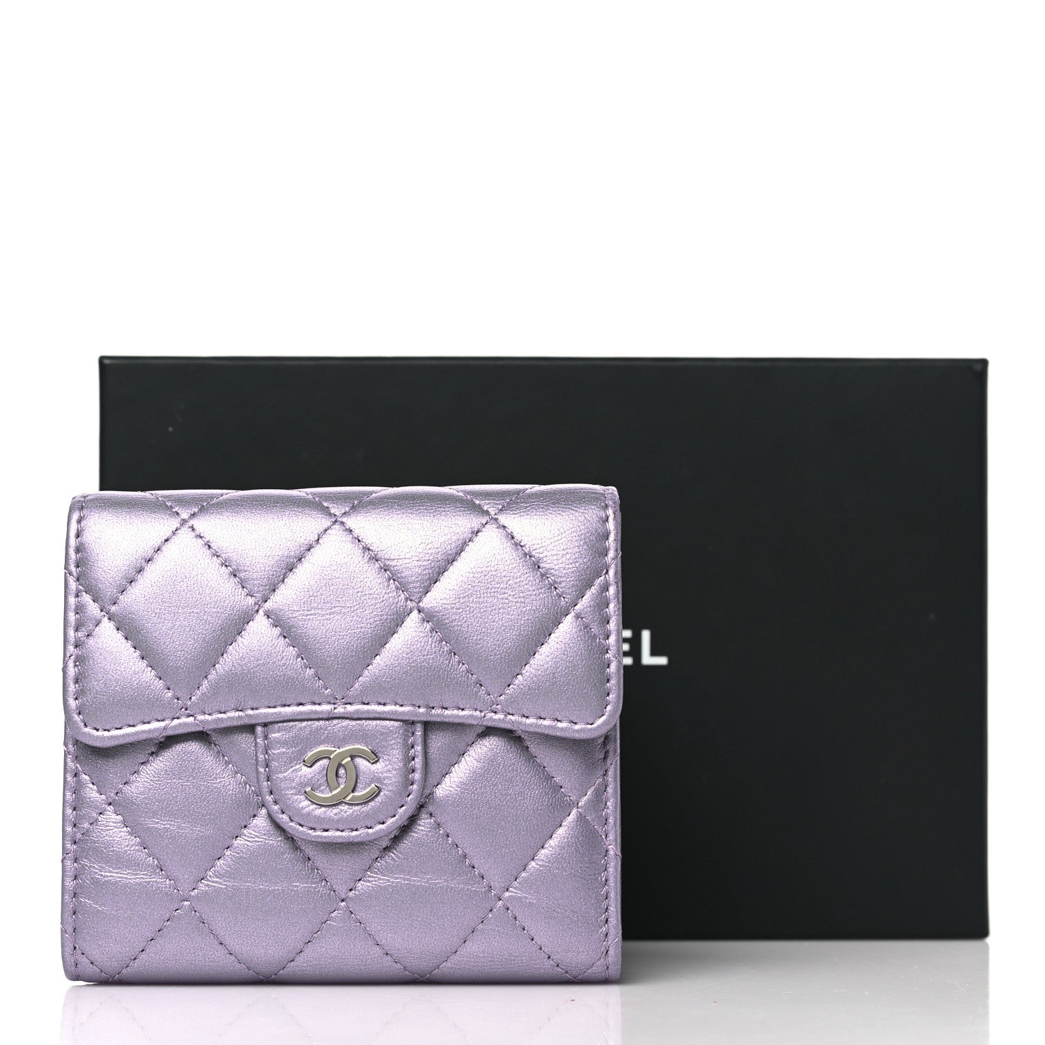 Iridescent Lambskin Quilted Compact Flap Wallet Purple