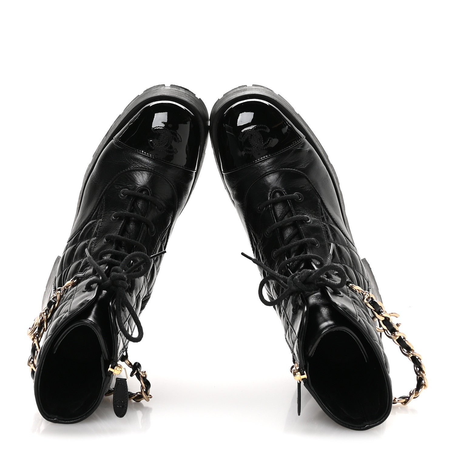 Shiny Calfskin Patent Quilted Chain Lace Up Combat Boots 40.5 Black