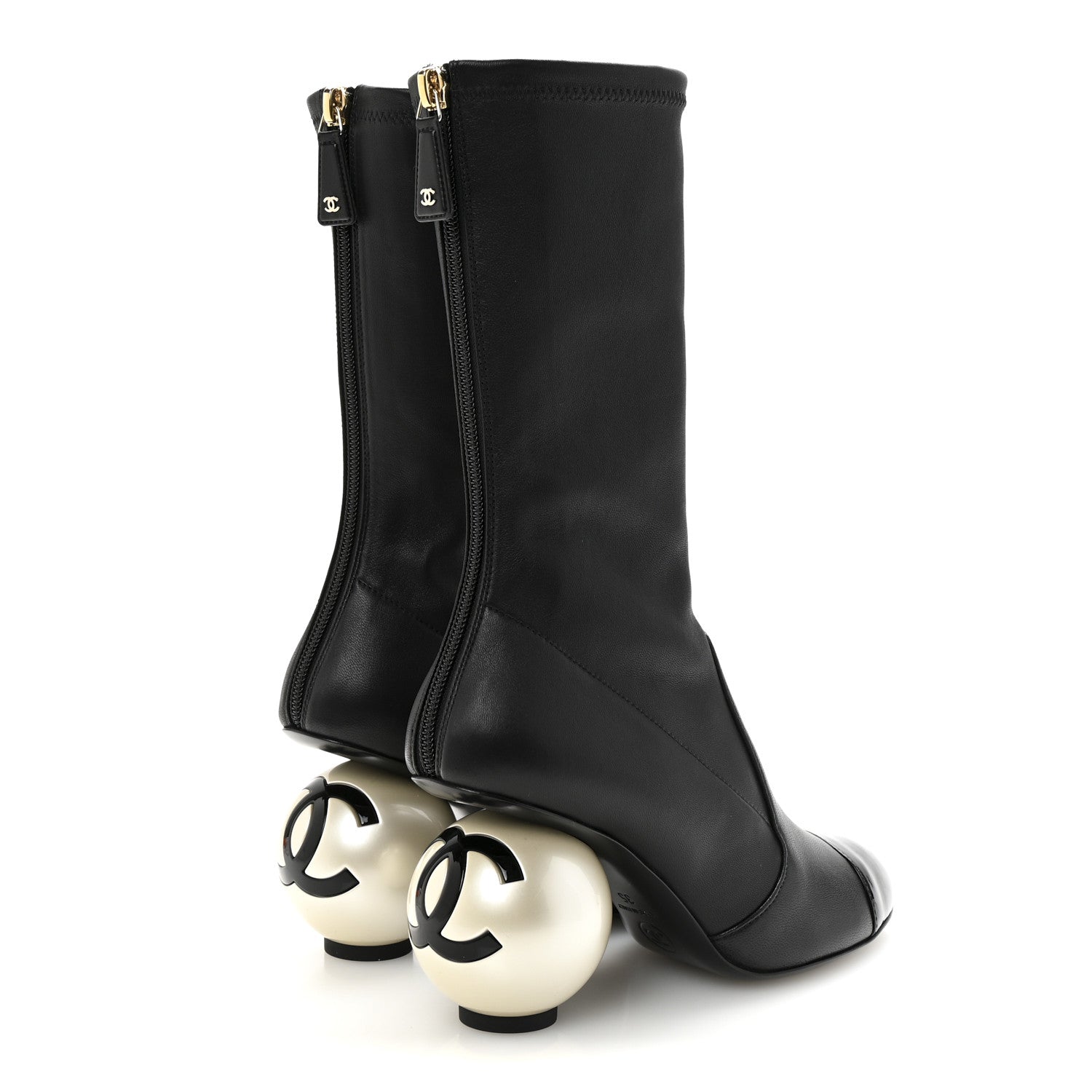 Stretch Lambskin Patent Cap Toe Pearl Ball Mid Calf Boots 35 Black
