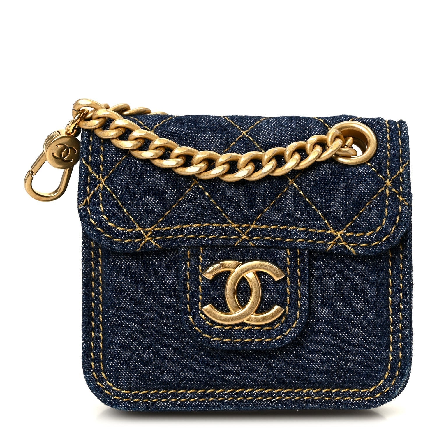 Denim Quilted Double You Flap Bag Charm Blue