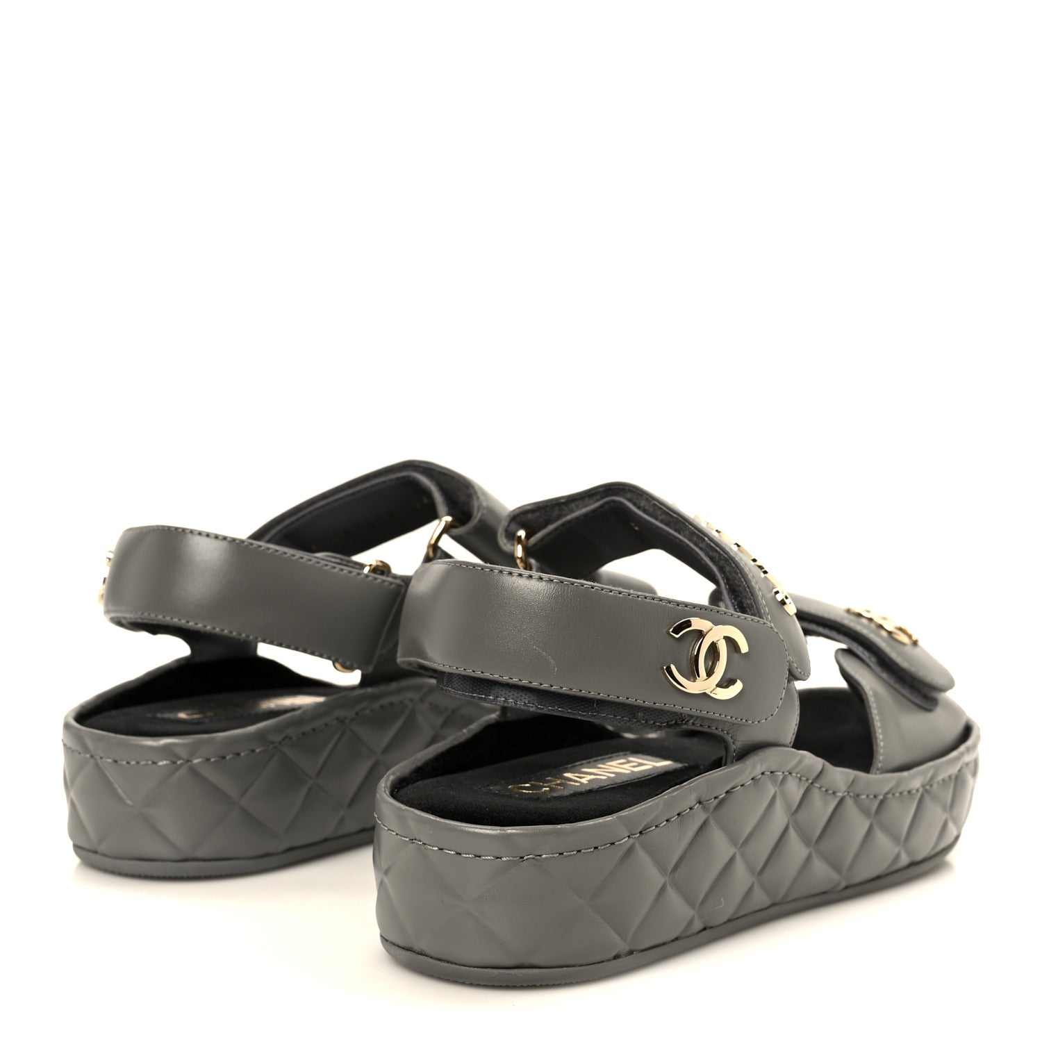 Shiny Calfskin Logo Platform Sandals 36 Grey