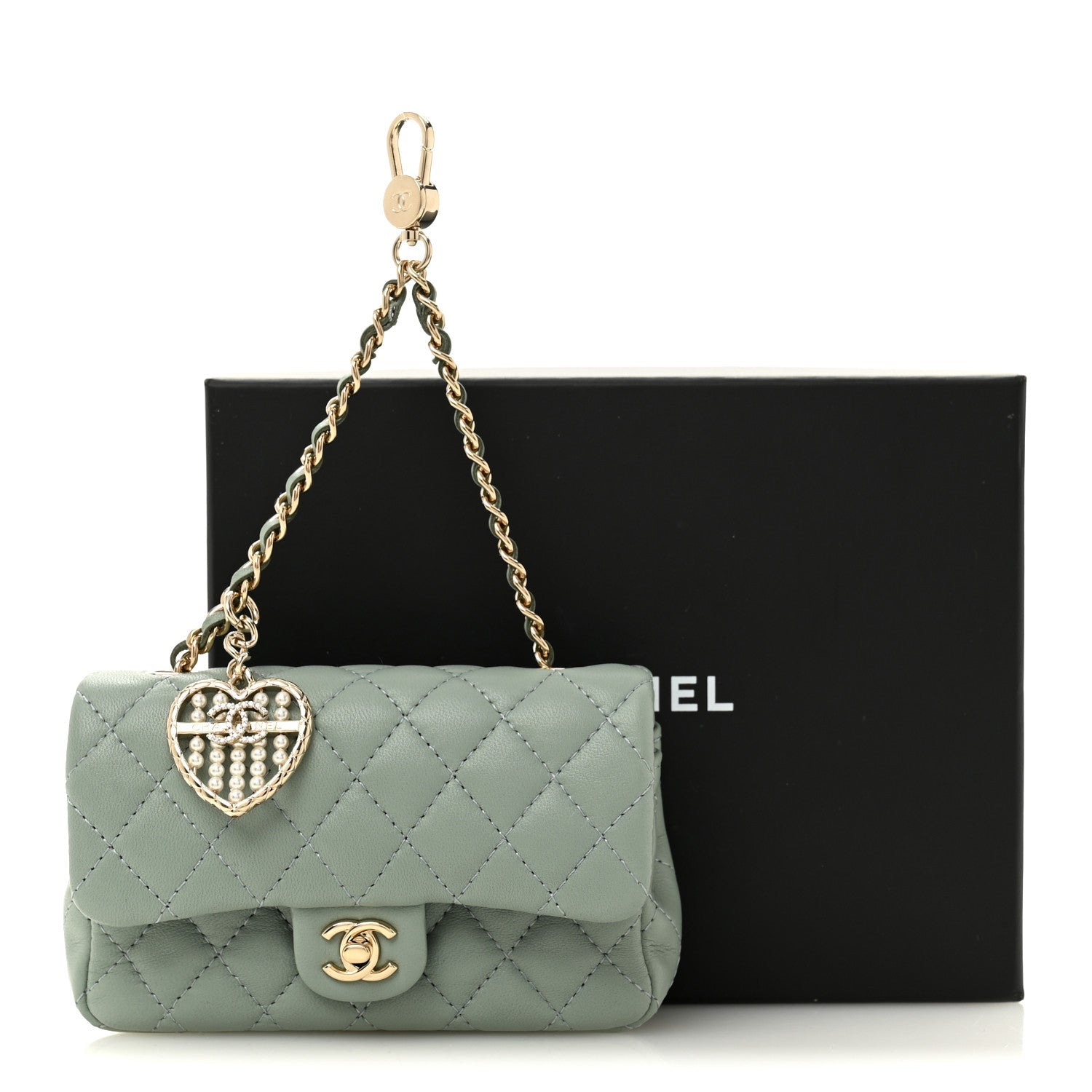 Lambskin Quilted Mini Flap Bag Charm With Hook Light Green