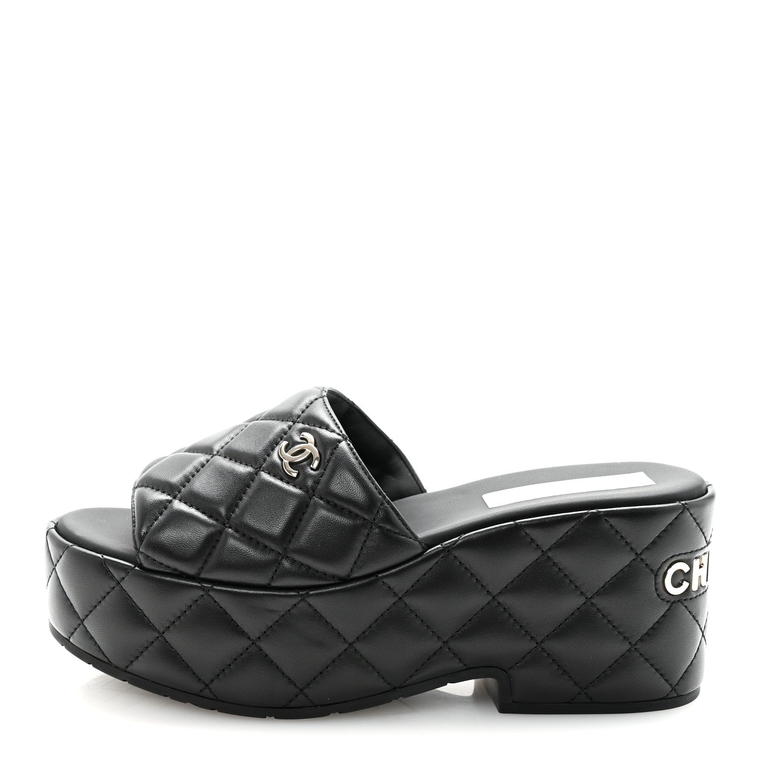 Lambskin Quilted CC Mules Wedge Sandals 39 Black