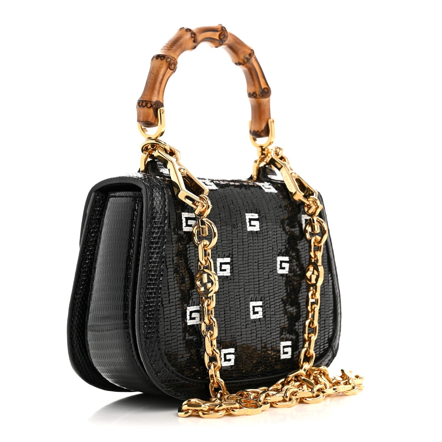 Sequin Lizard Embossed GG Mini Bamboo 1947 Top Handle Chain Bag Black White