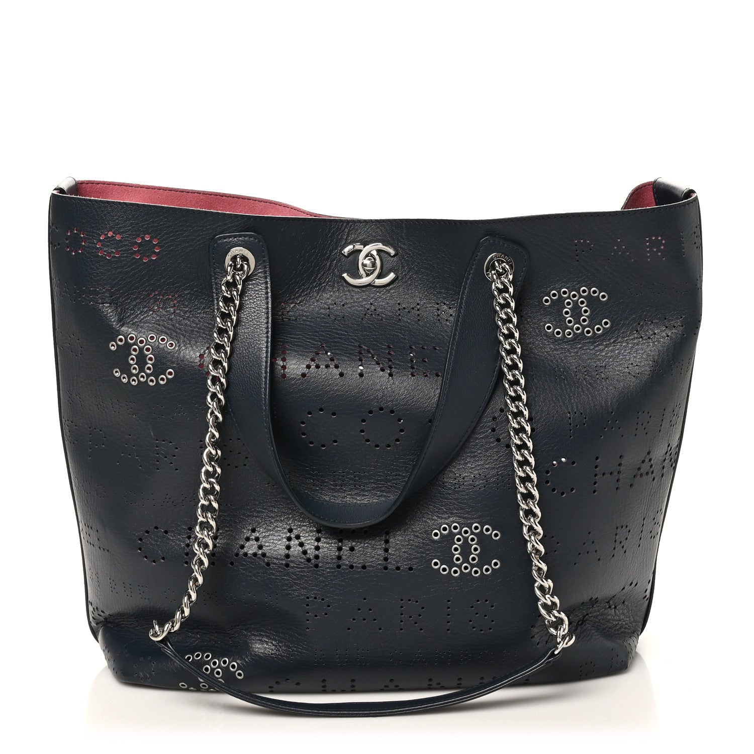 Calfskin Tweed Small Logo Eyelets Shopping Tote Navy Blue