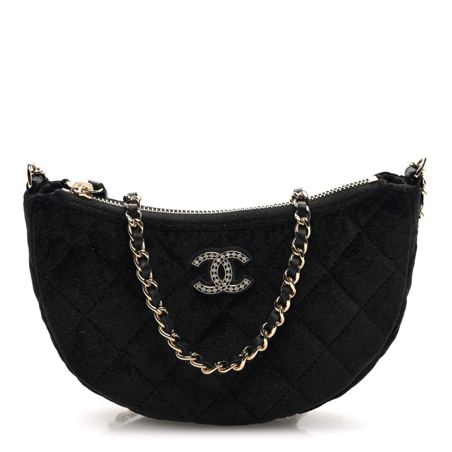 Velvet Crystal Quilted Chain Hobo Black