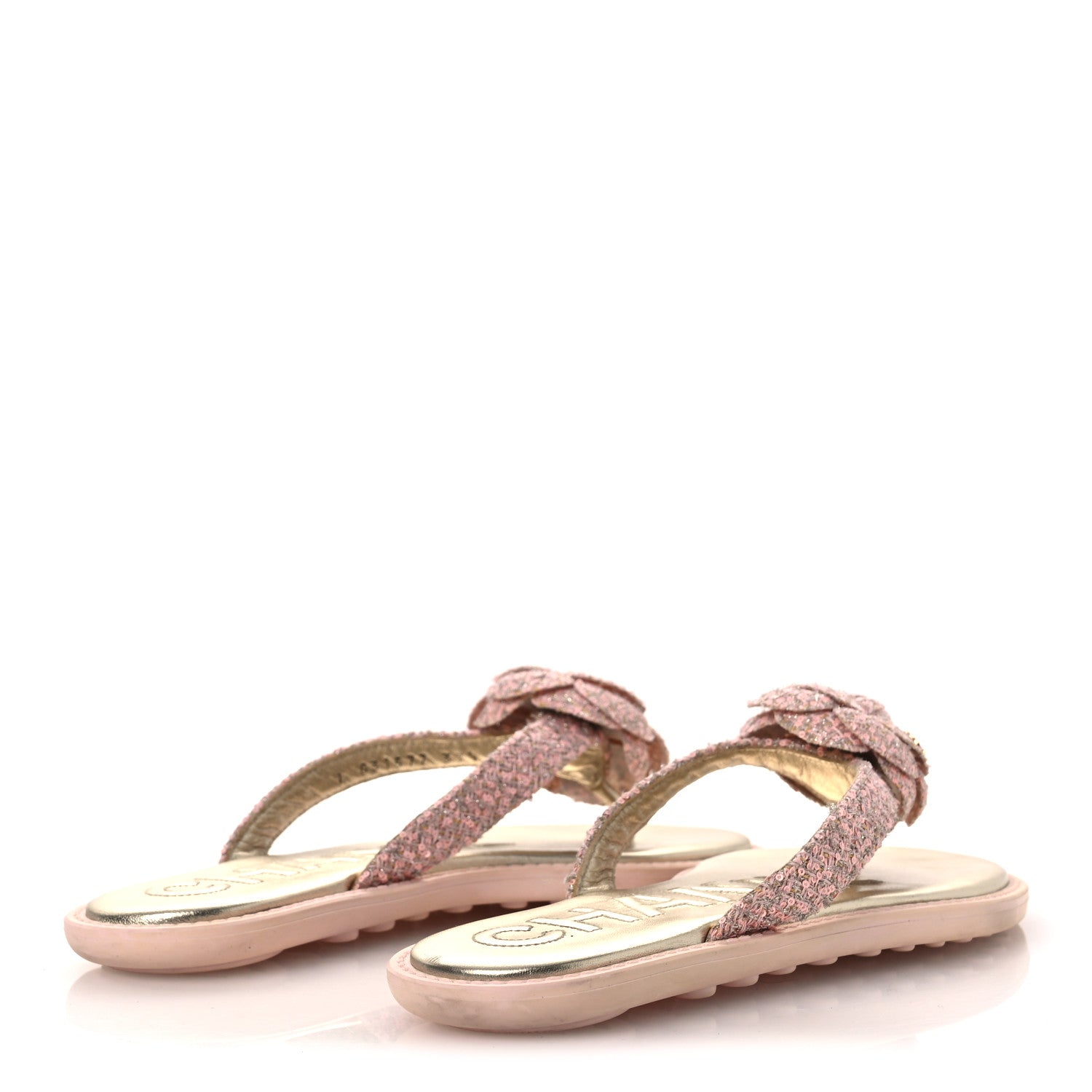 Tweed Camellia Thong Sandals 37.5 Salmon Apricot Gold
