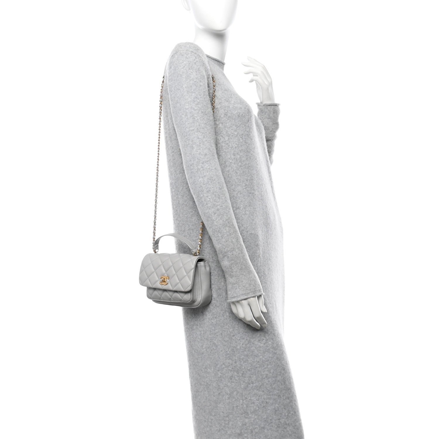 Calfskin Quilted Top Handle Flap Light Grey