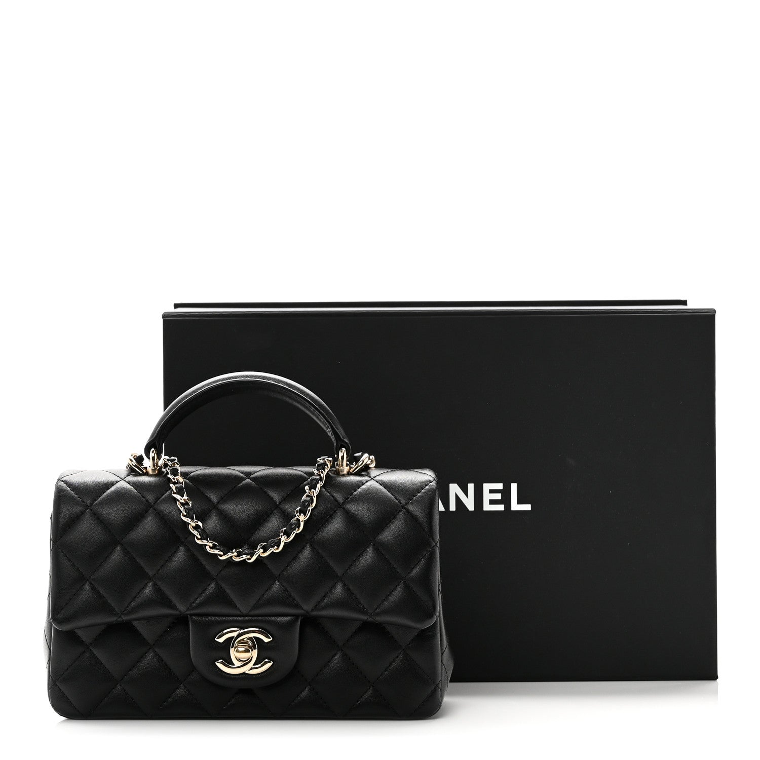 Lambskin Quilted Mini Top Handle Rectangular Flap Black