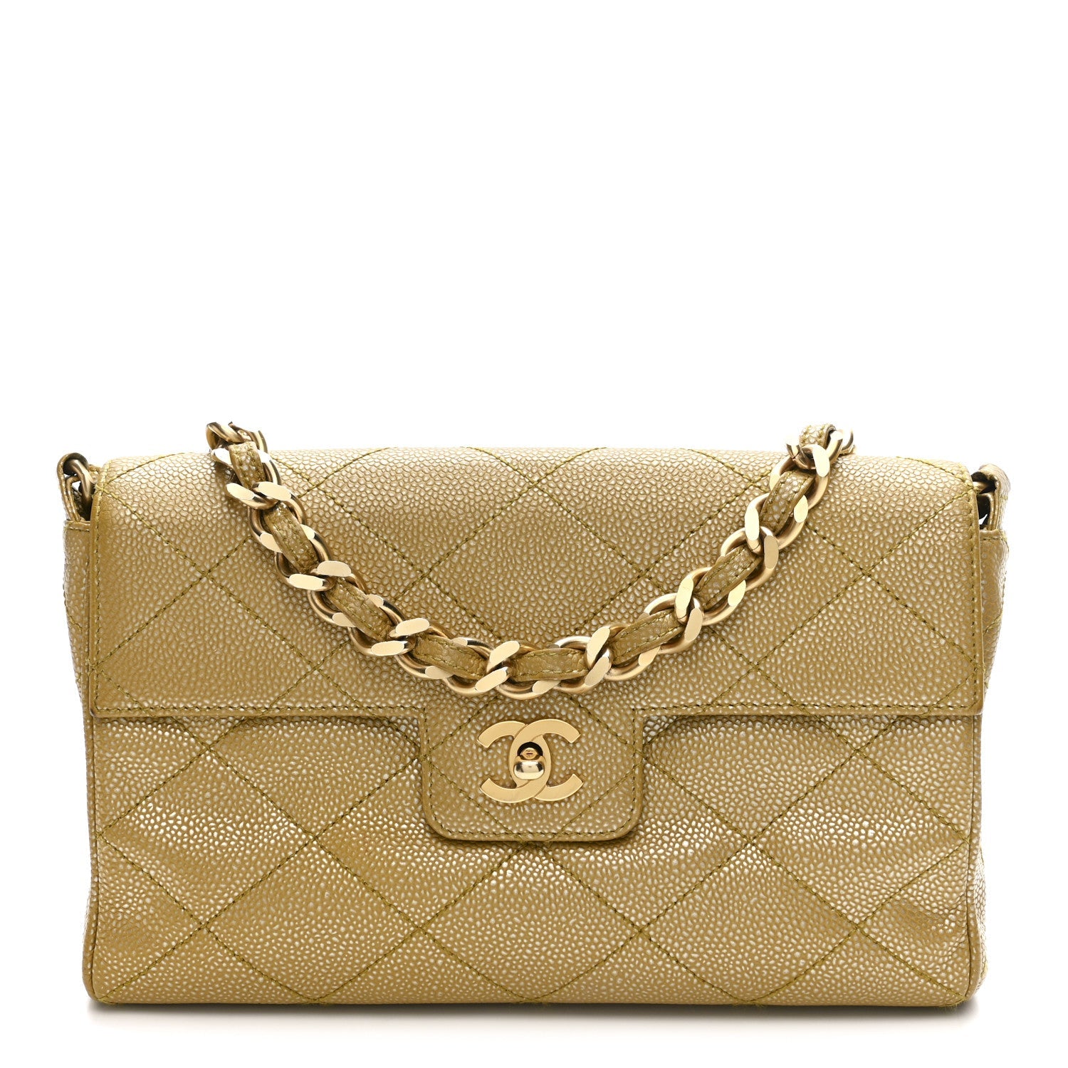 Metallic Caviar Quilted Medium Single Flap Beige
