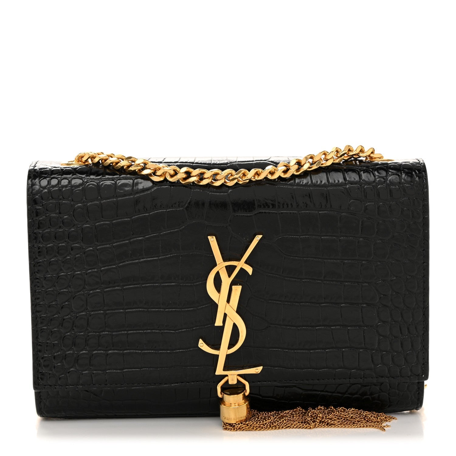 Calfskin Crocodile Embossed Small Classic Monogram Kate Tassel Satchel Black