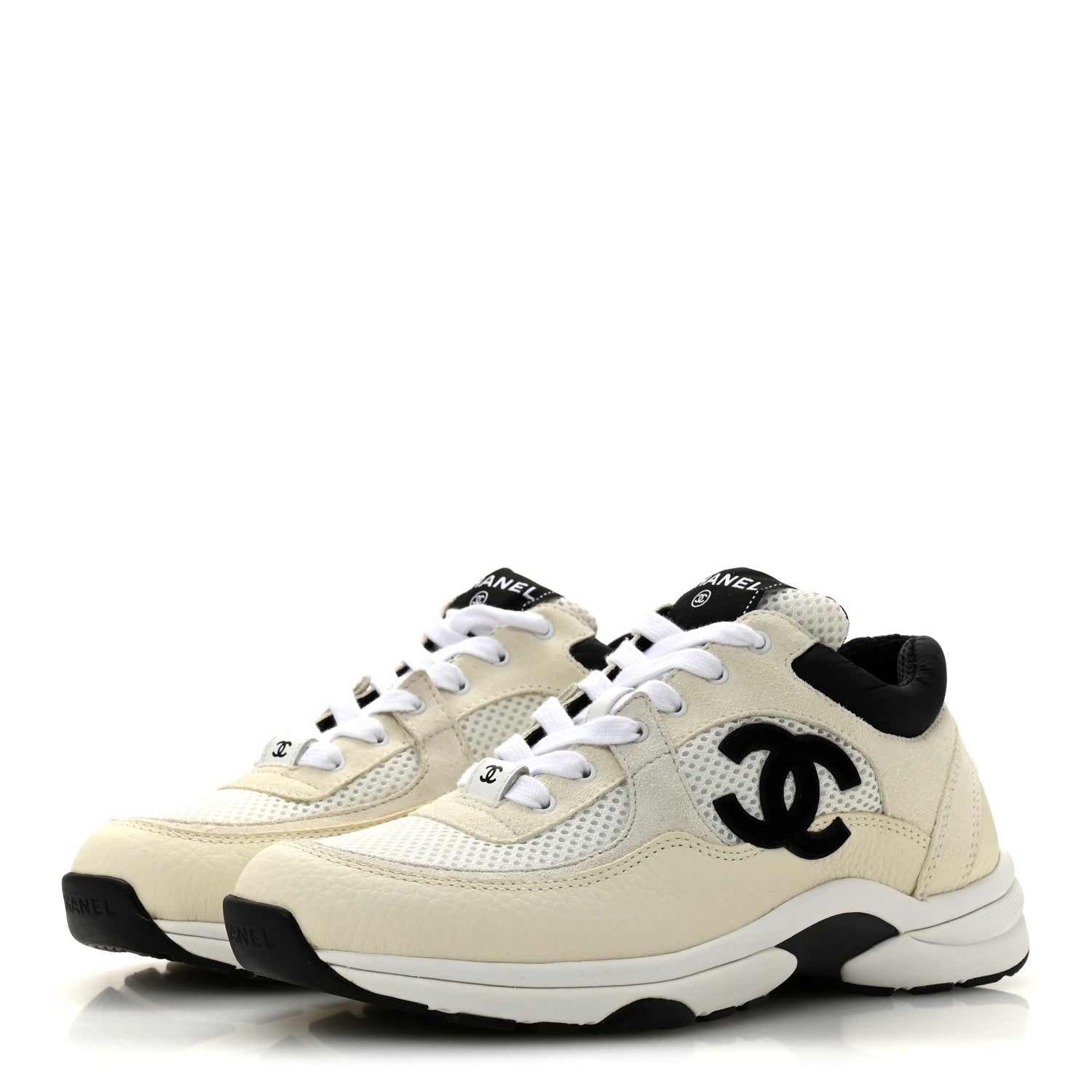 Mesh Suede Calfskin Grained Calfskin Womens CC Sneakers 38.5 White Black