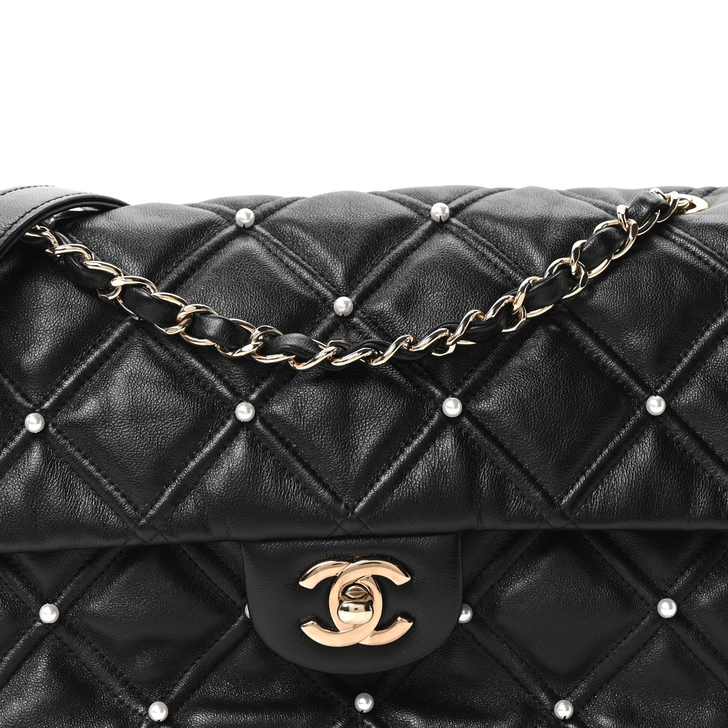 Lambskin Quilted Pearl Studded Flap Black