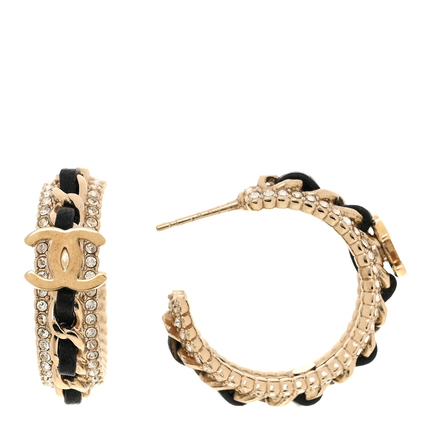 Crystal Lambskin CC Chain Hoop Earrings Gold Black