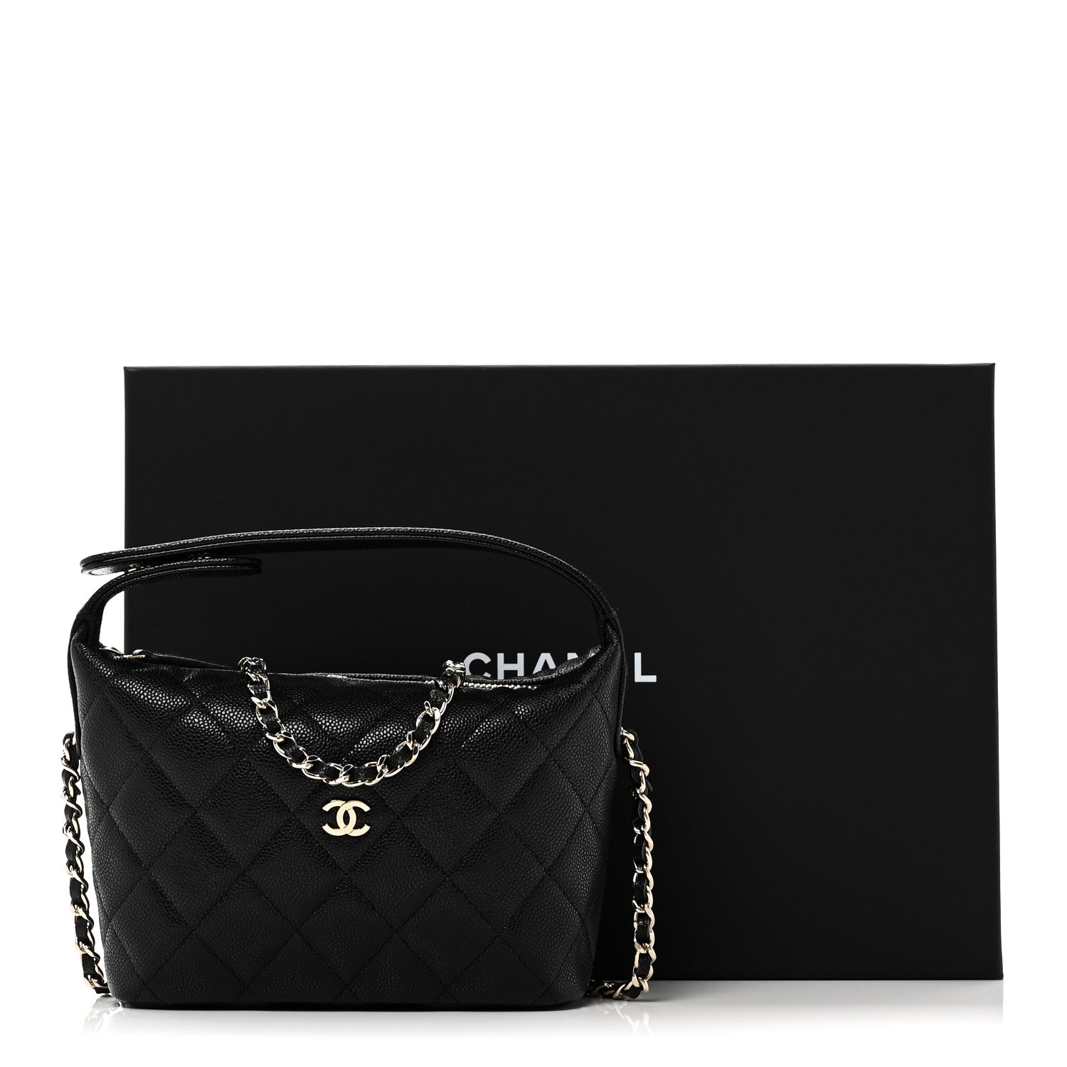 Caviar Quilted Hobo Clutch With Chain Black