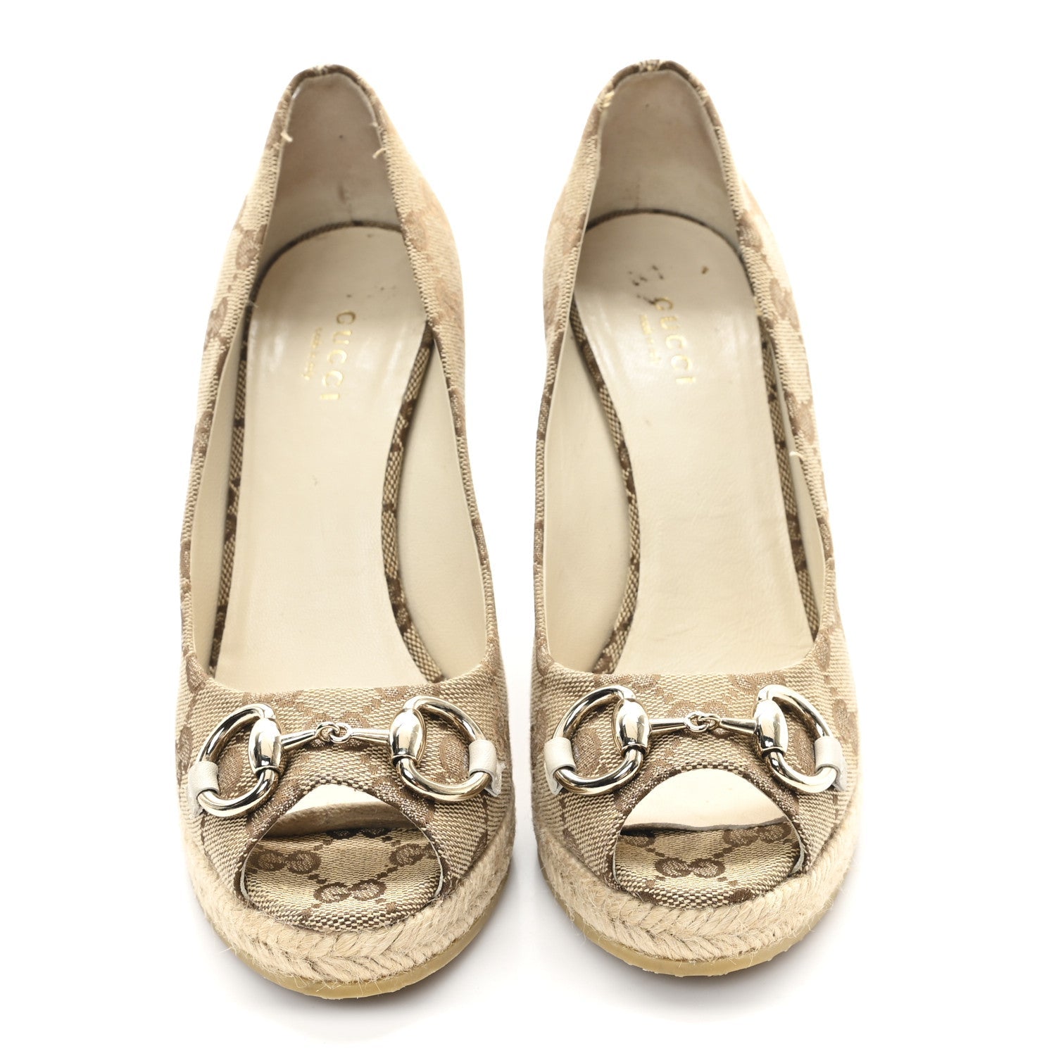 Monogram Horsebit Open Toe Espadrille Wedges 36 Beige
