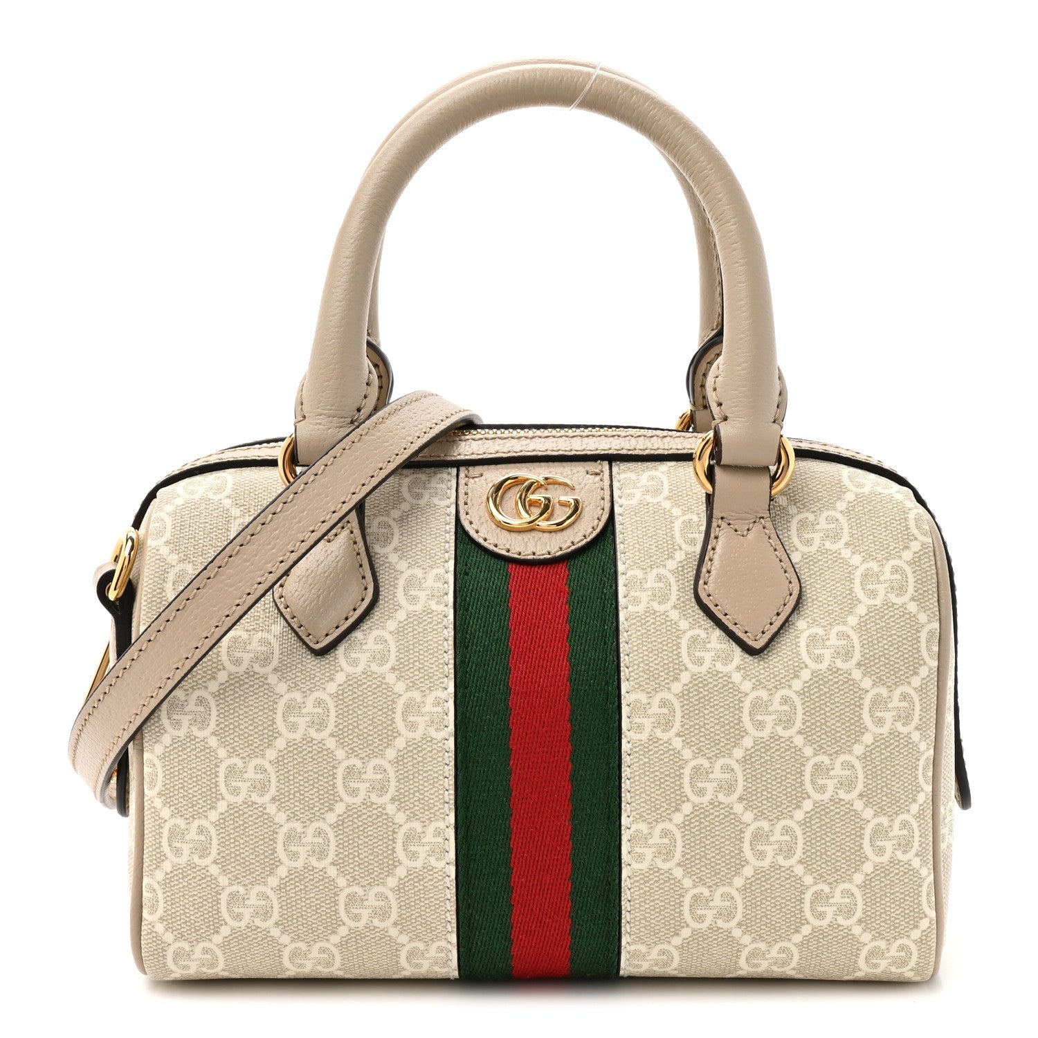 GG Supreme Monogram Textured Dollar Calfskin Web Ophidia Mini Top Handle Bag Beige Mystic White Oatmeal