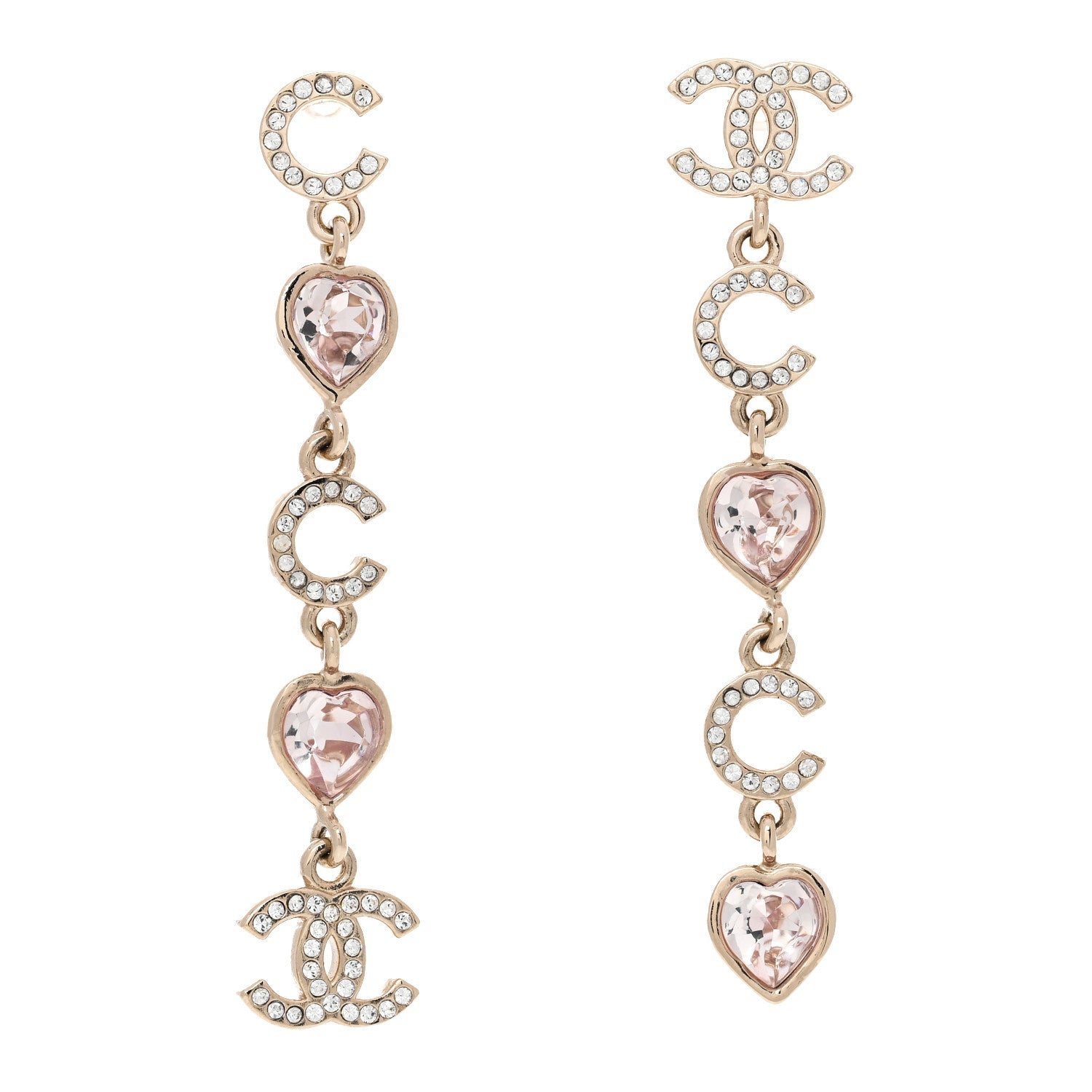 Metal Crystal CC Coco Heart Drop Earrings Gold Pink