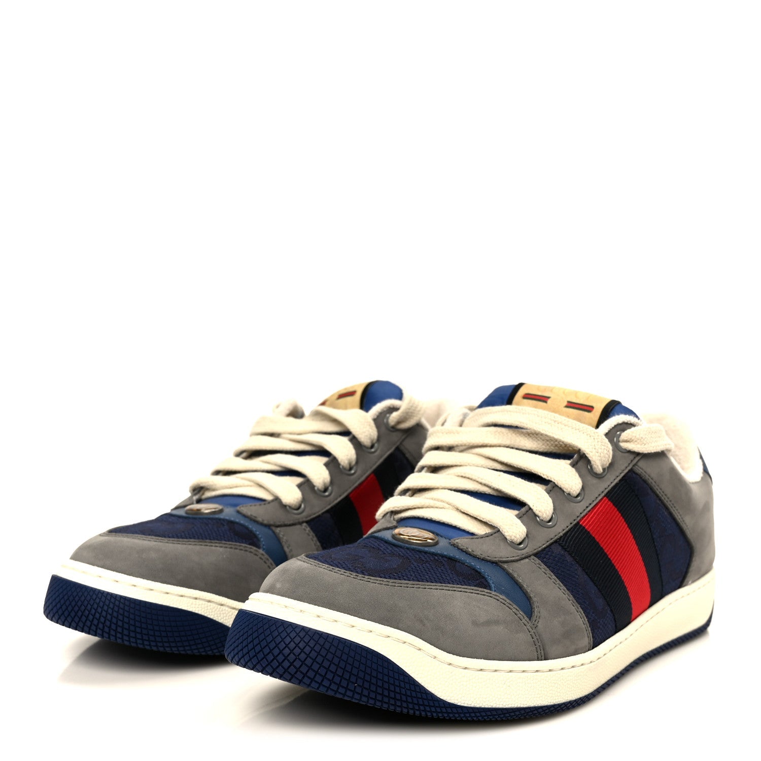 Suede GG Monogram Calfskin Web Mens Screener Sneakers 9 Grey Blue Red