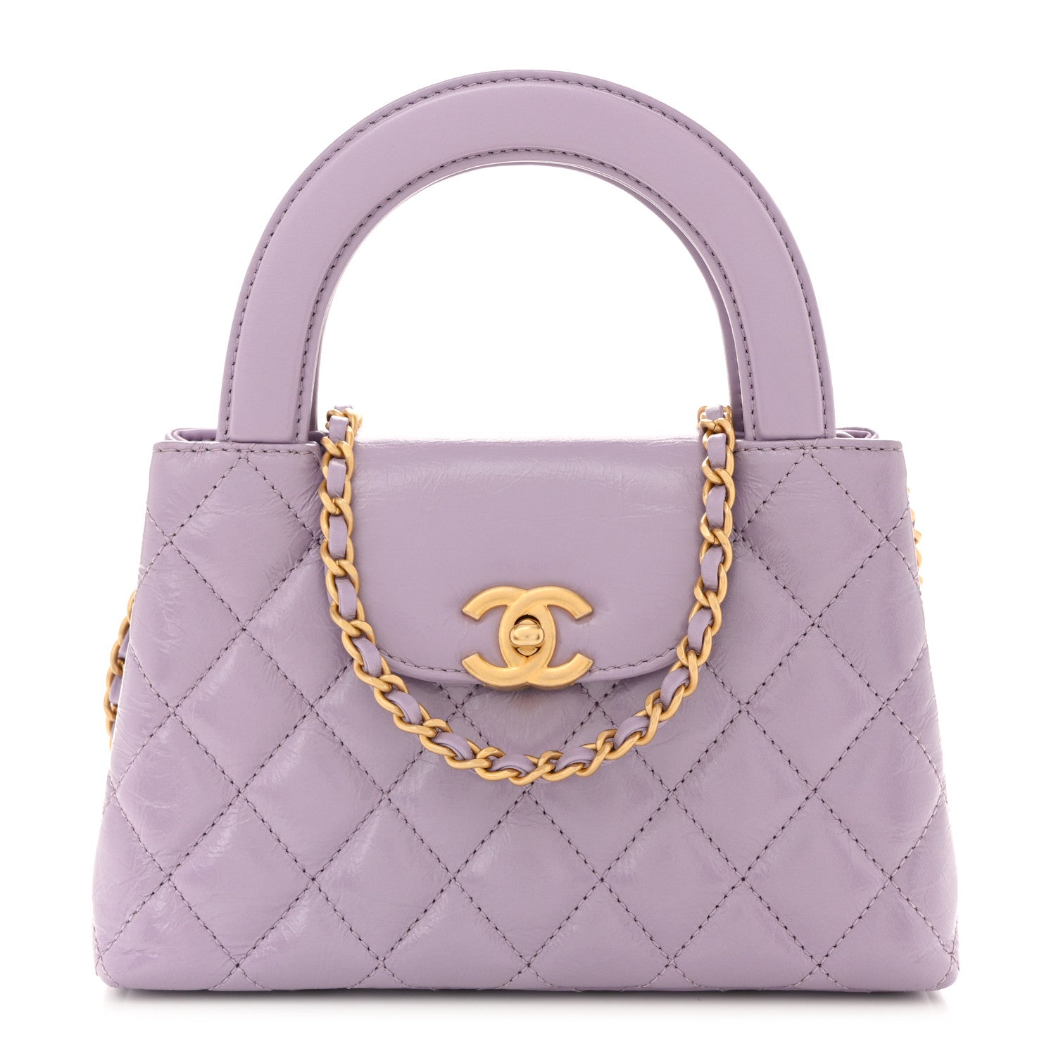 Shiny Aged Calfskin Quilted Nano Kelly Shopper Lilac