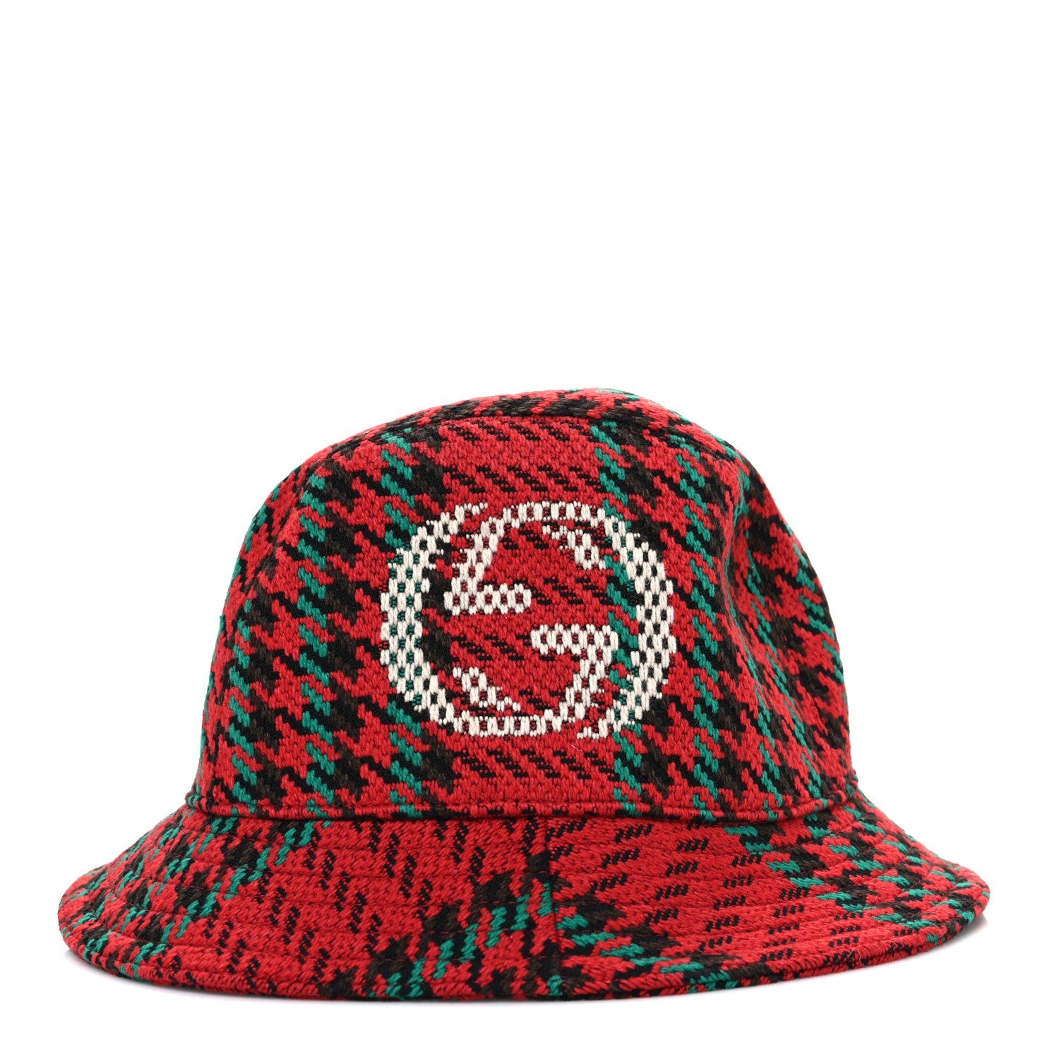 Tweed Wool Houndstooth Interlocking G Bucket Hat M Red Green