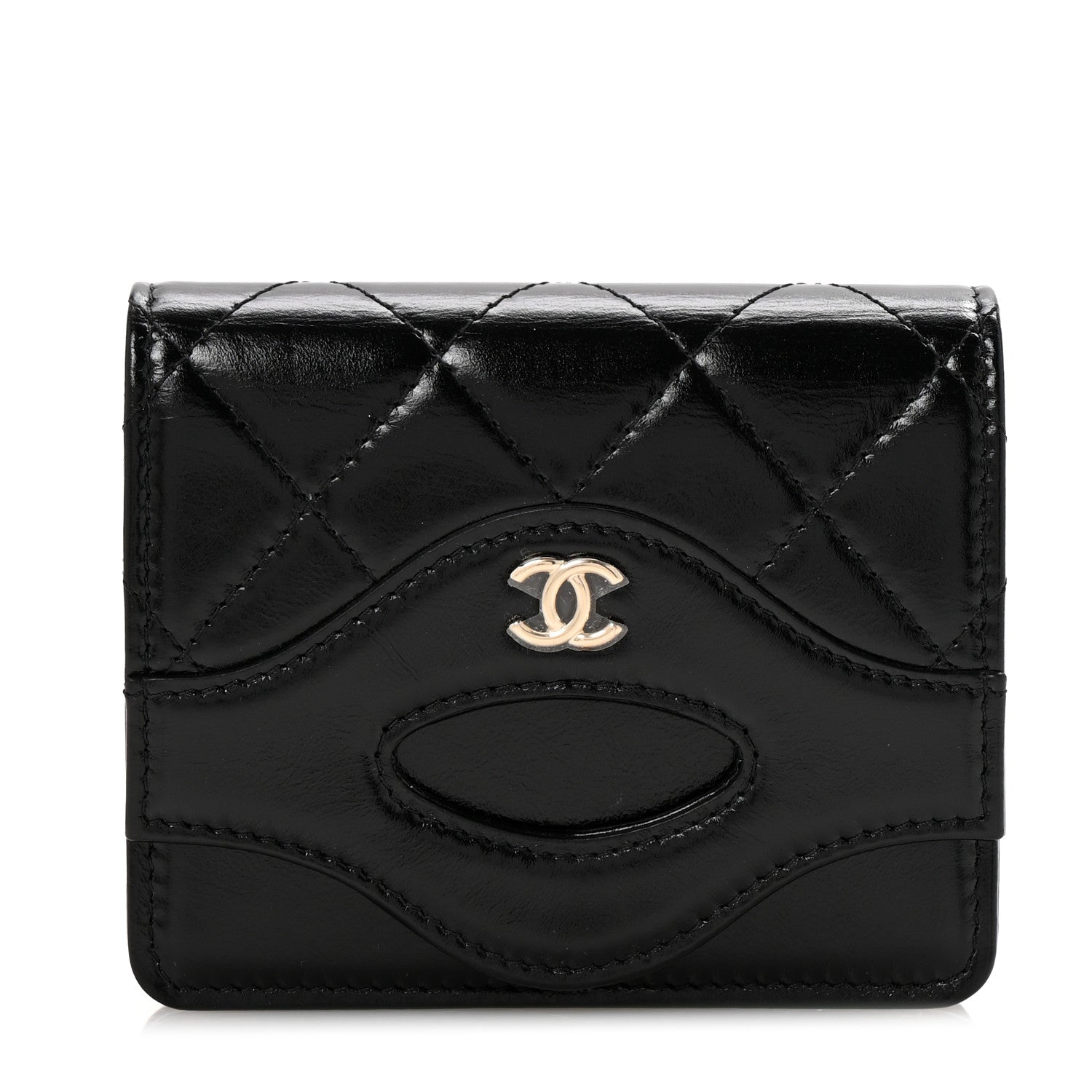 Shiny Crumpled Calfskin Quilted 31 Card Holder Wallet Black