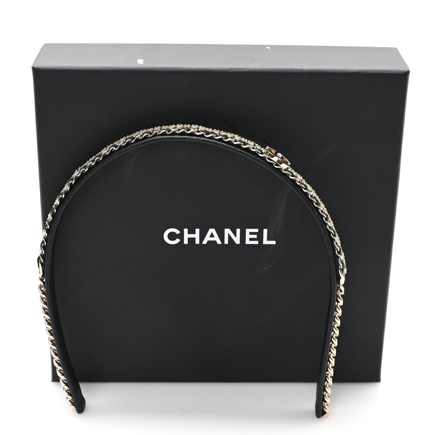 Metal Lambskin Crystal CC Chain Headband Gold Black