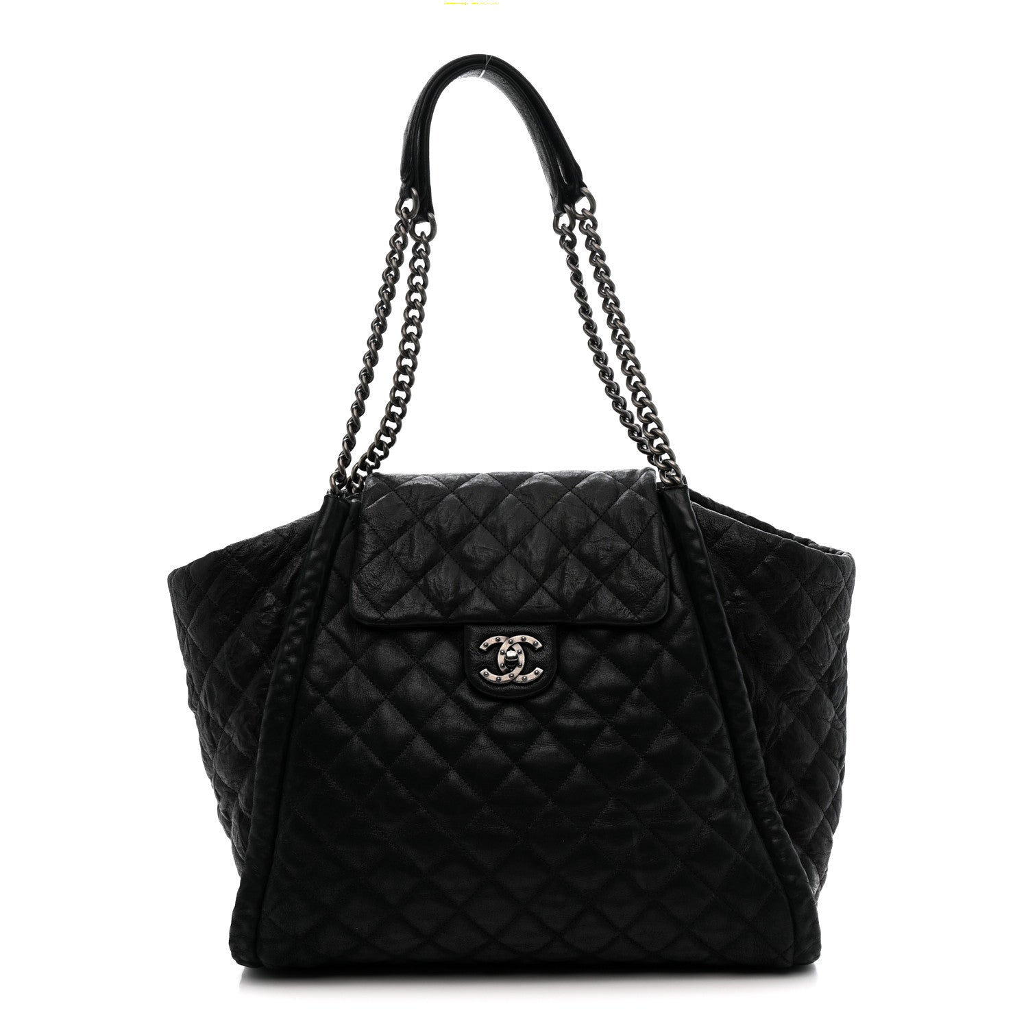Crumpled Calfskin Iridescent Calfskin Hidden Chain Large Quilted Shopping Tote Black