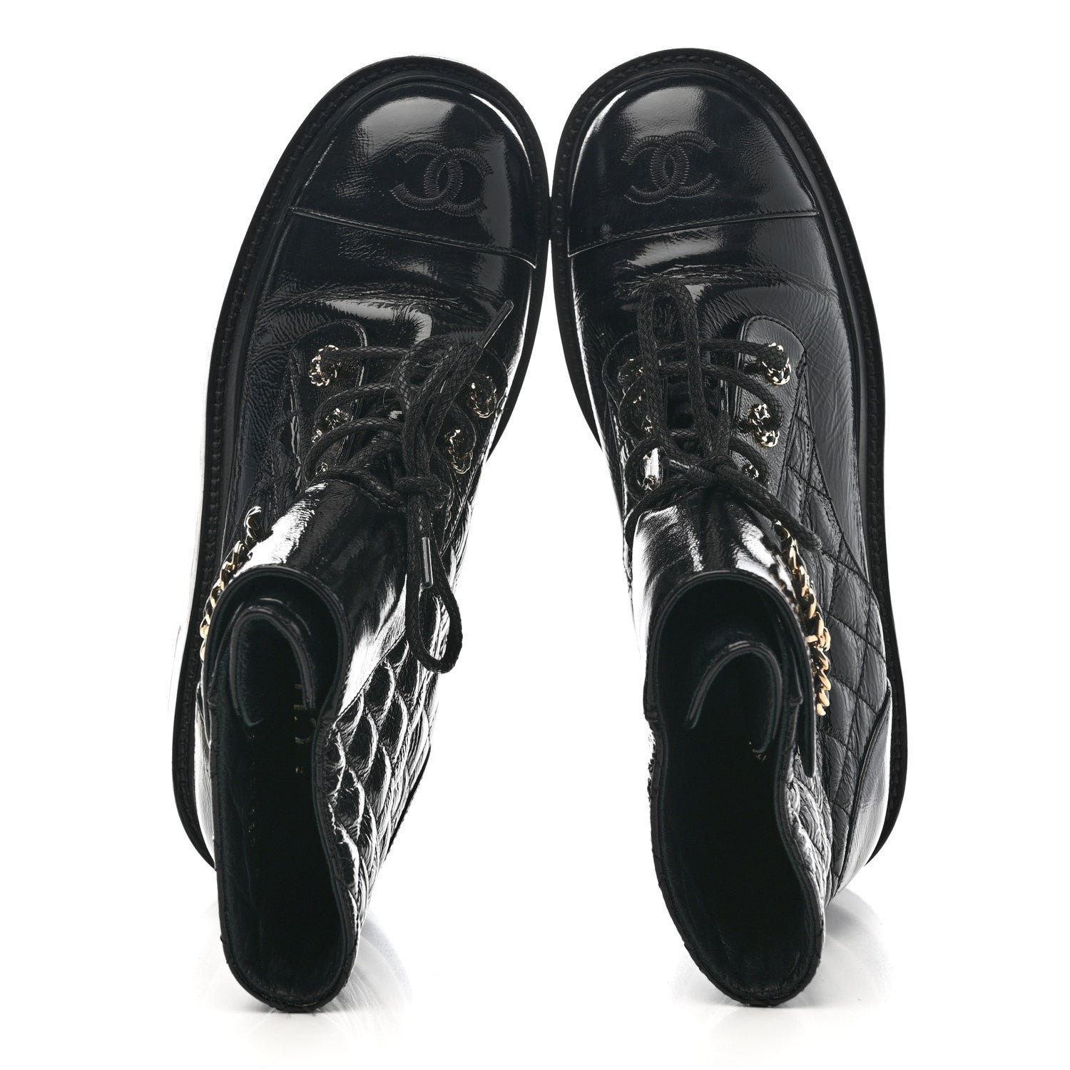 Shiny Lambskin Quilted Lace Up Combat Boots 38.5 Black