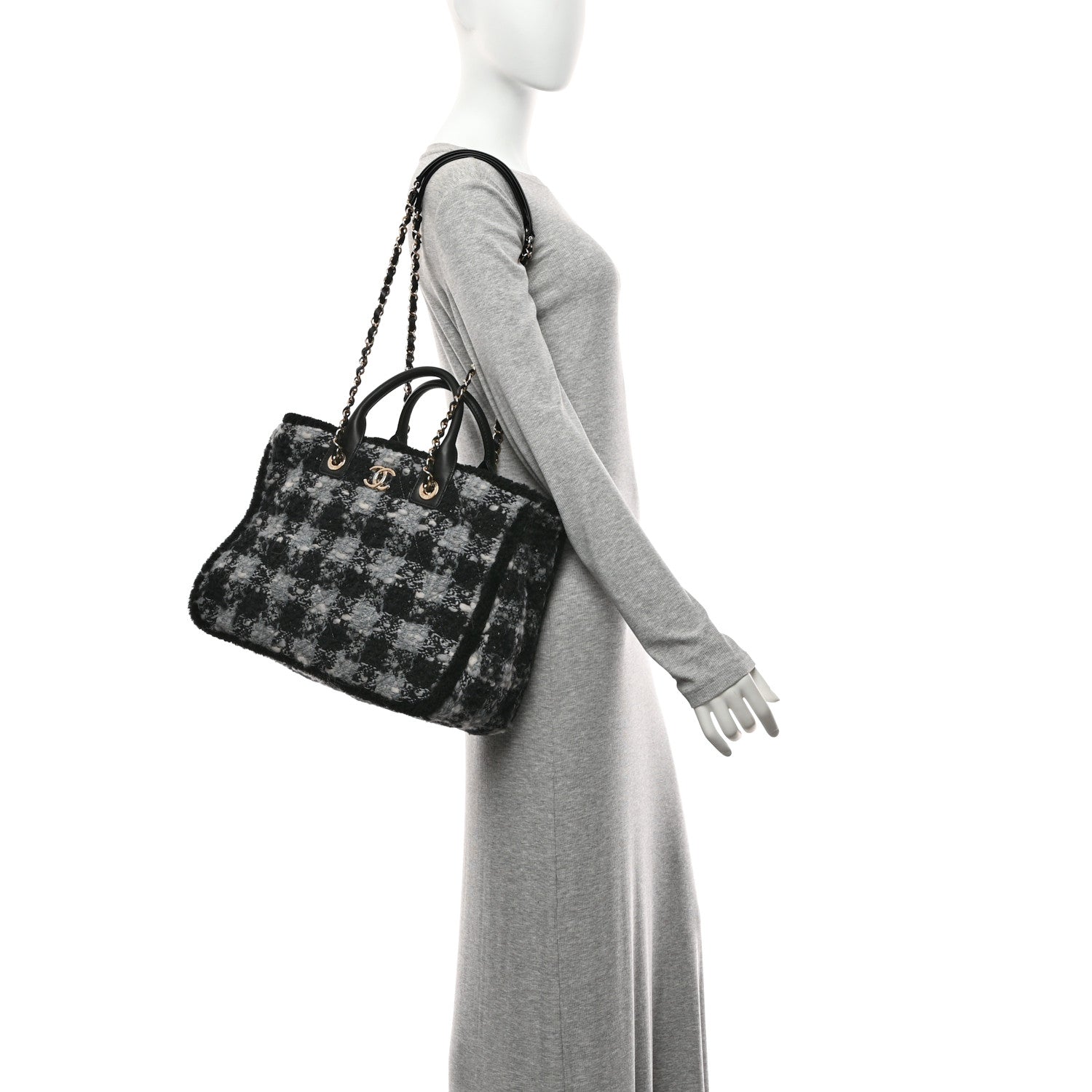 Tweed Shearling Quilted Lambskin Shopping Tote  Black Grey